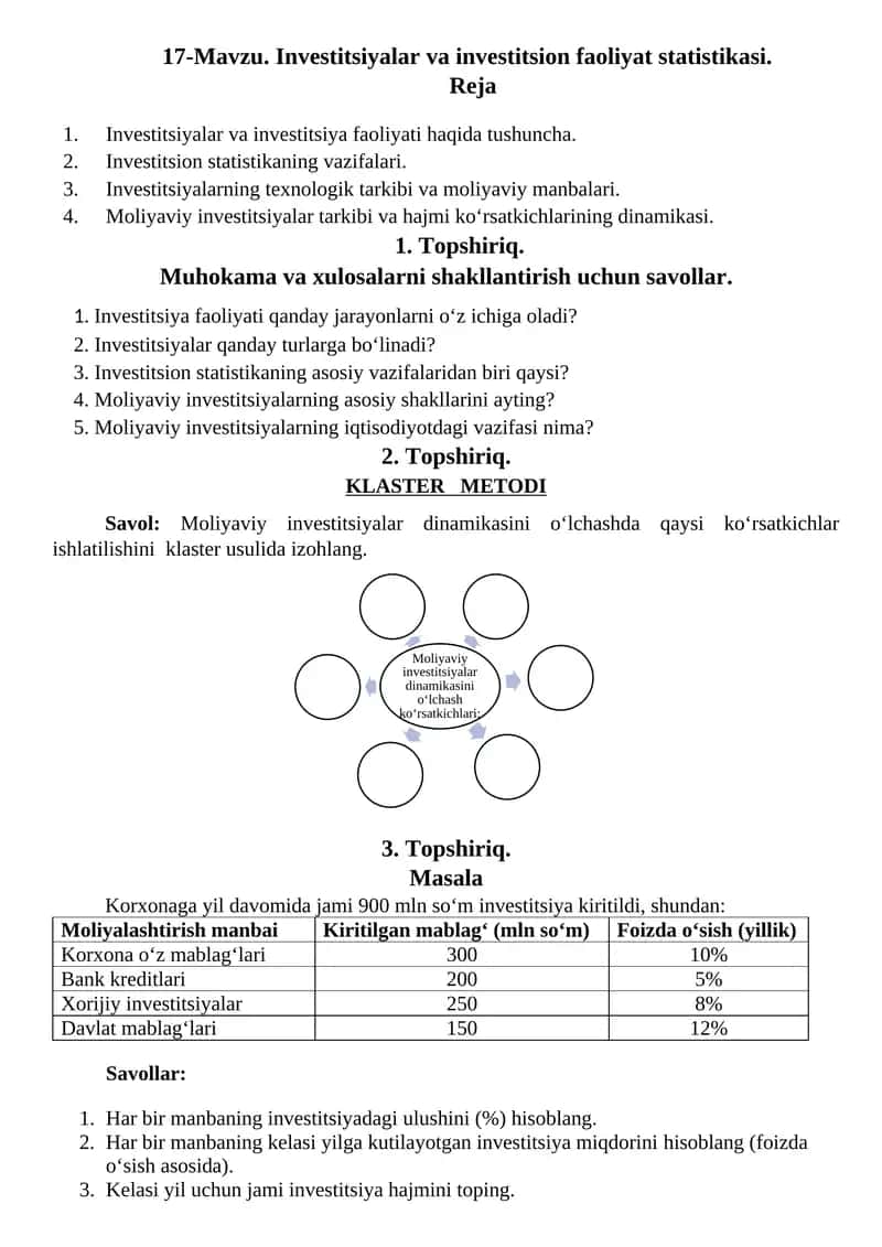 Investitsiyalar va investitsion faoliyat statistikasi 1