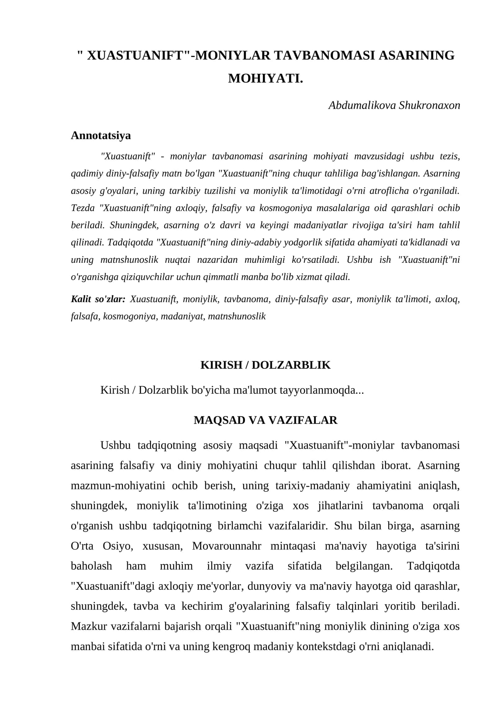 "XUASTUANIFT"-MONIYLAR TAVBANOMASI ASARINING MOHIYATI 1