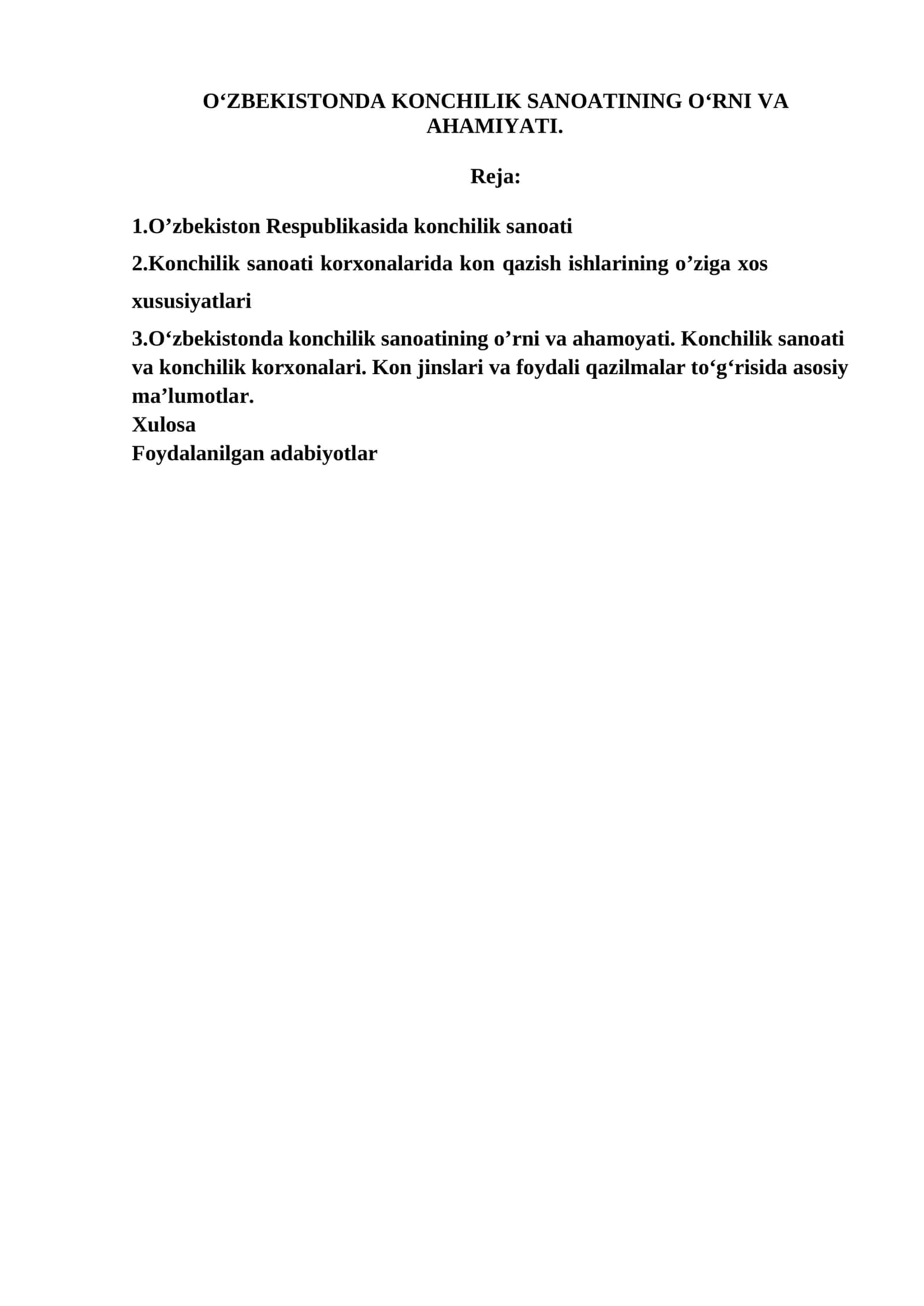 O‘ZBEKISTONDA KONCHILIK SANOATINING O‘RNI VA AHAMIYATI 1