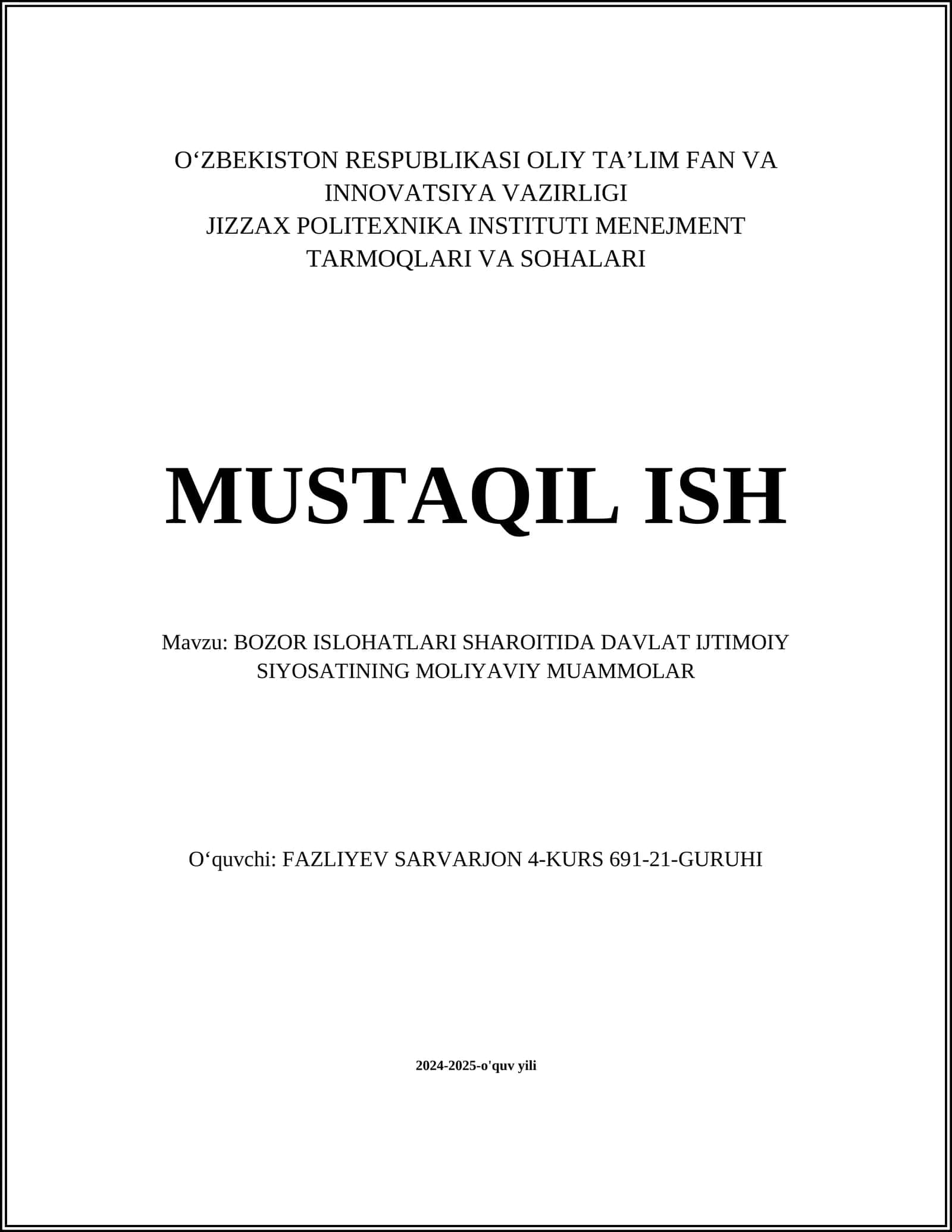 BOZOR ISLOHATLARI SHAROITIDA DAVLAT IJTIMOIY SIYOSATINING MOLIYAVIY MUAMMOLAR 1