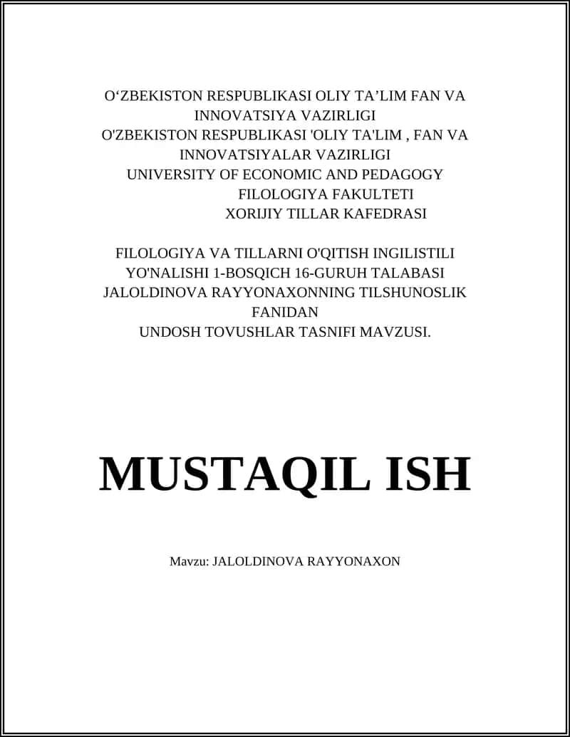 UNDOSH TOVUSHLAR TASNIFI MAVZUSI 1