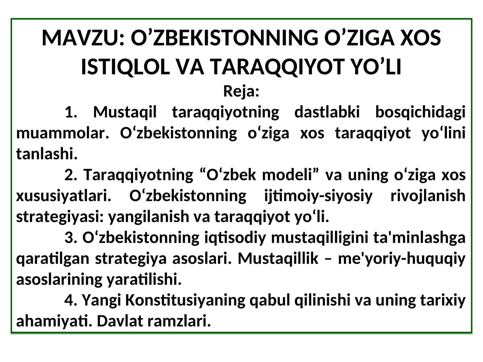 O’ZBEKISTONNING O’ZIGA XOS ISTIQLOL VA TARAQQIYOT YO’LI 1