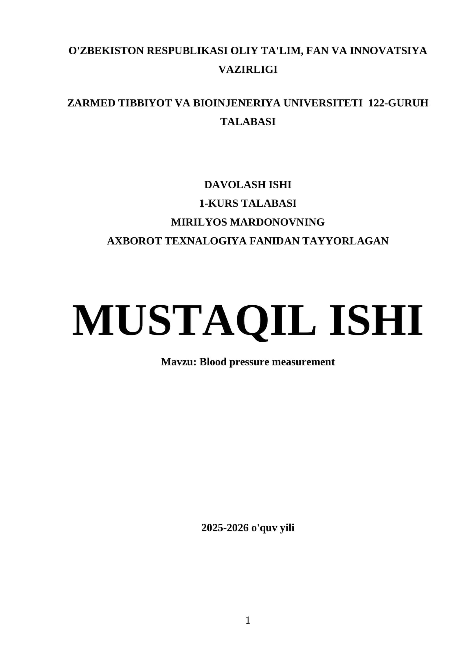 Davolash ishi: Qon bosimini o'lchash 1