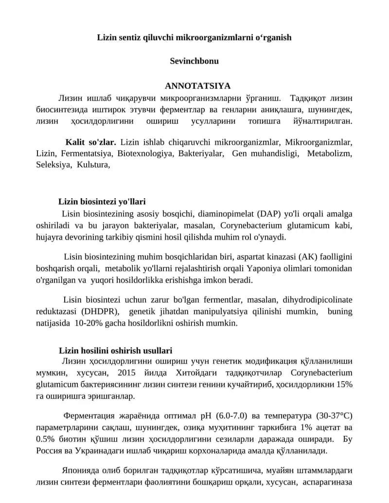 Lizin sentiz qiluvchi mikroorganizmlarni oʻrganish 1