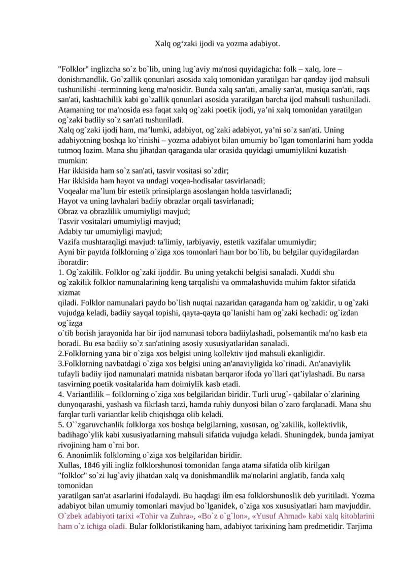Xalq og‘zaki ijodi va yozma adabiyot 1