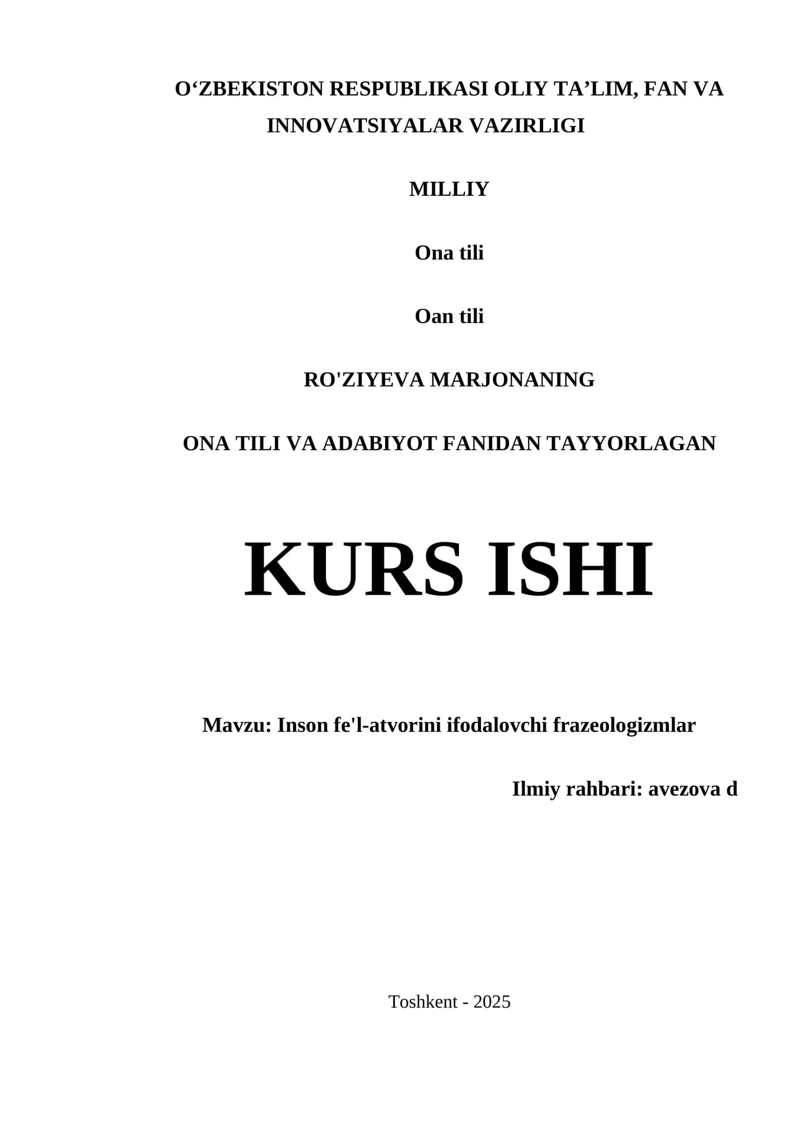 ONA TILI VA ADABIYOT FANIDAN TAYYORLAGAN KURS ISHI 1
