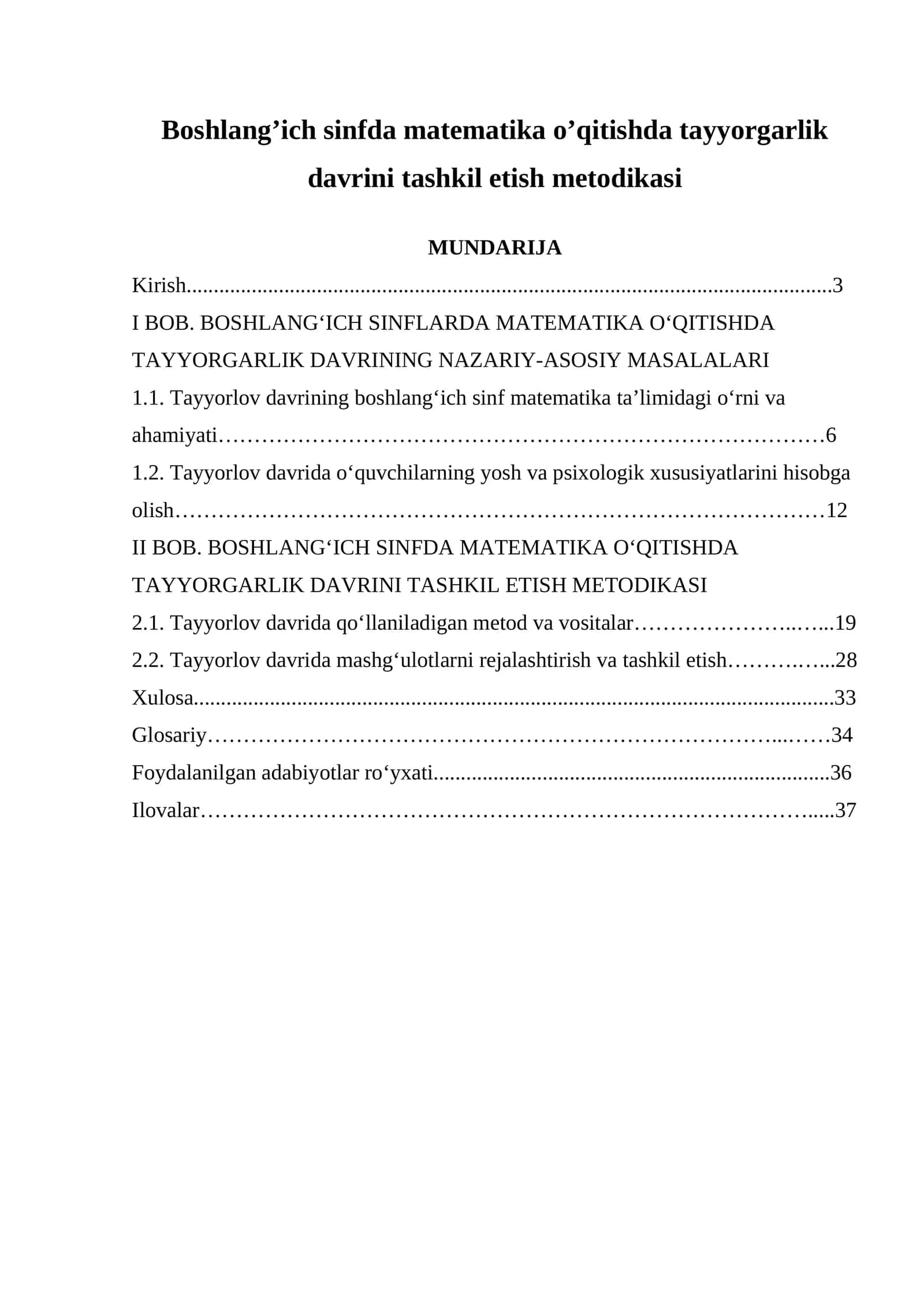 Boshlang'ich sinfda matematika o'qitishda tayyorgarlik davrini tashkil etish metodikasi 1
