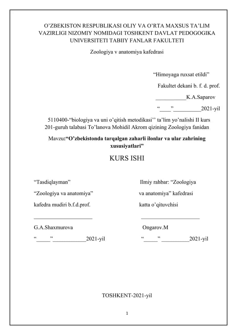 “O’zbekistonda tarqalgan zaharli ilonlar va ular zahrining xususiyatlari” 1