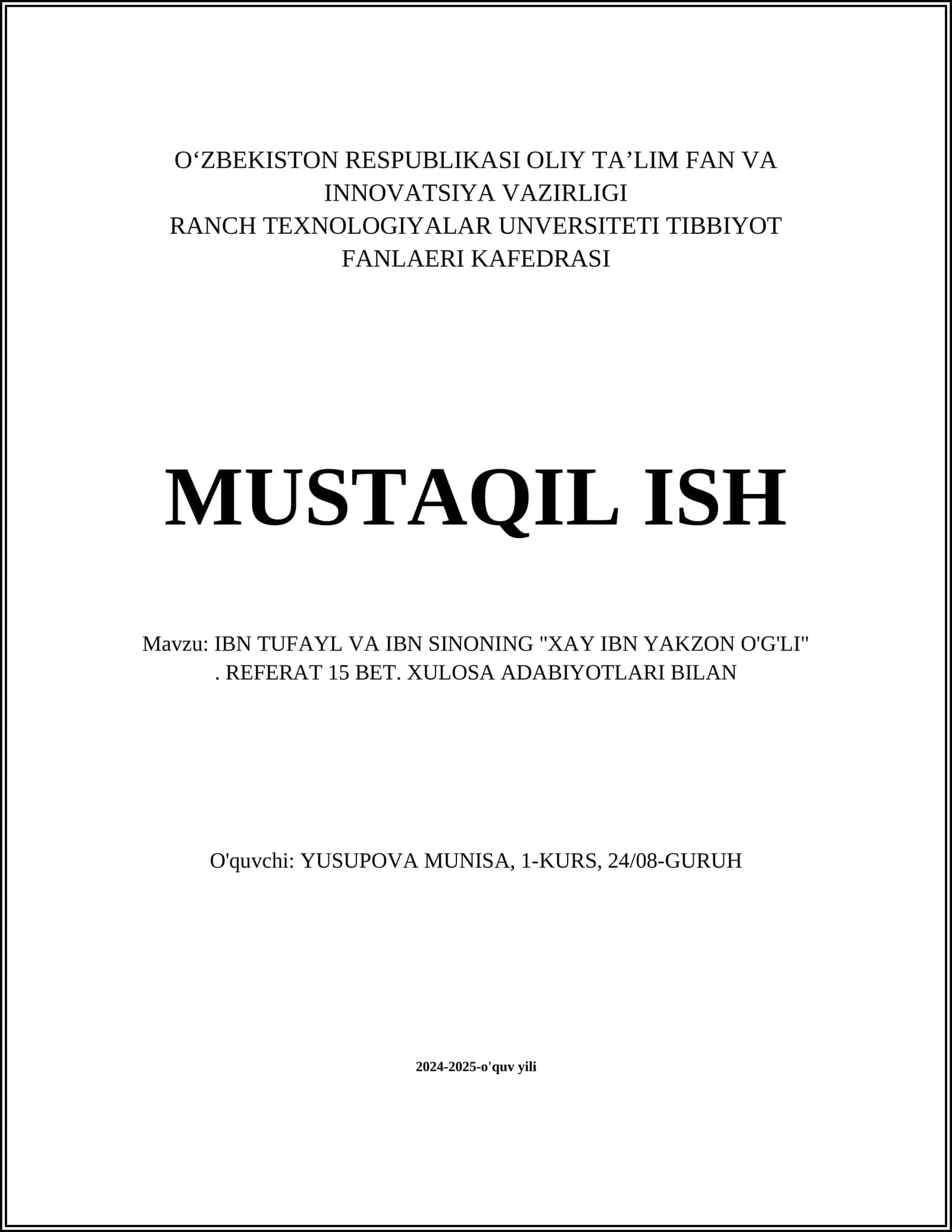 IBN TUFAYL VA IBN SINONING "XAY IBN YAKZON O'G'LI" 1