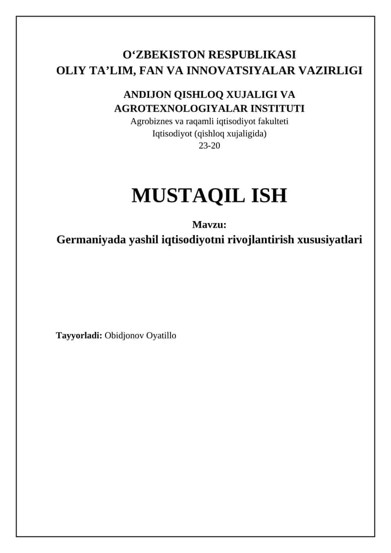 Germaniyada yashil iqtisodiyotni rivojlantirish xususiyatlari 1