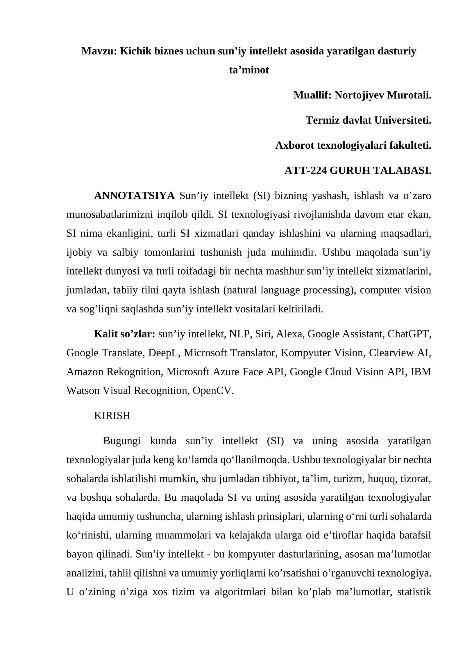 Kichik biznes uchun sunʼiy intellekt asosida yaratilgan dasturiy taʼminot 1
