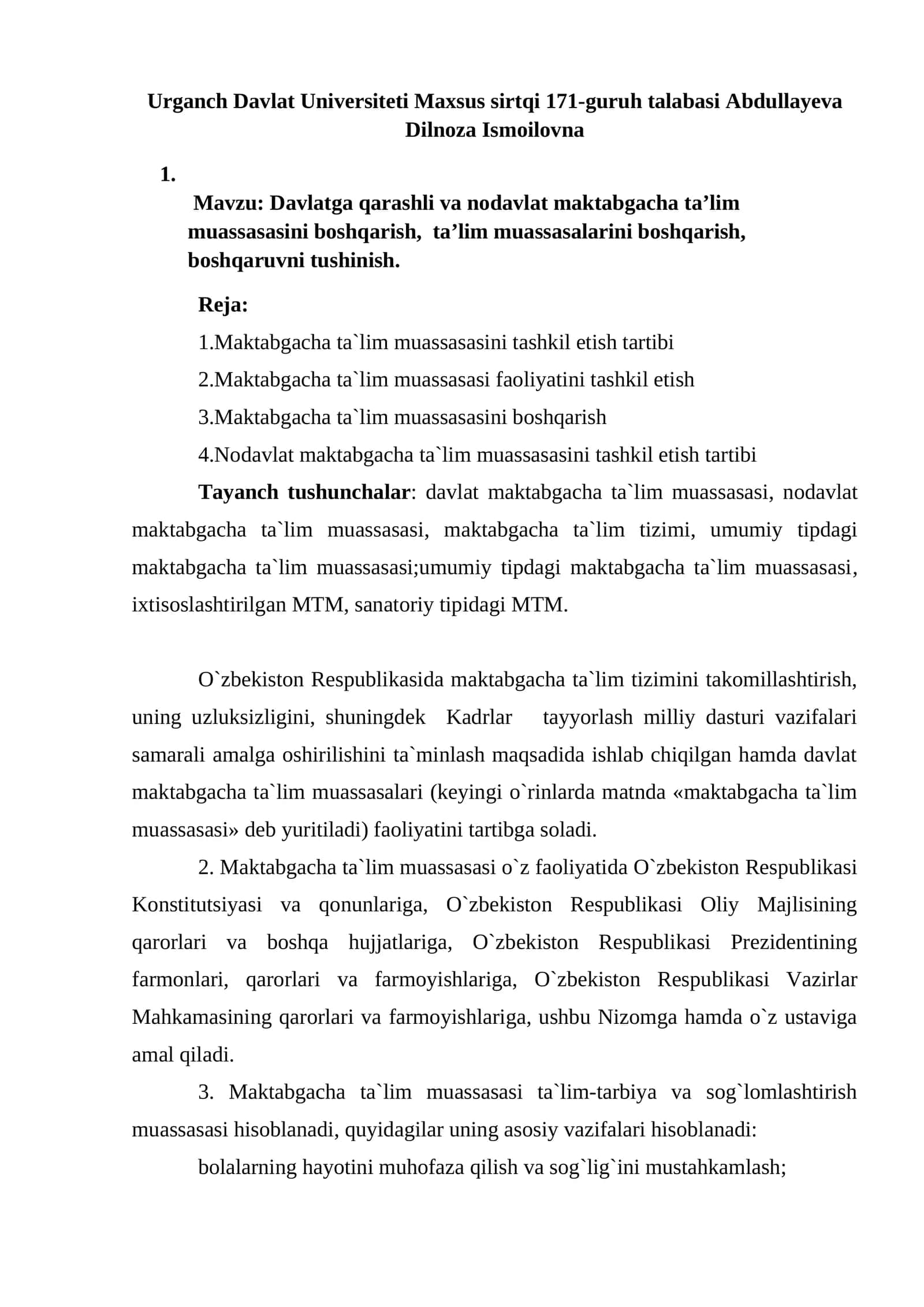 Davlatga qarashli va nodavlat maktabgacha ta’lim muassasasini boshqarish 1