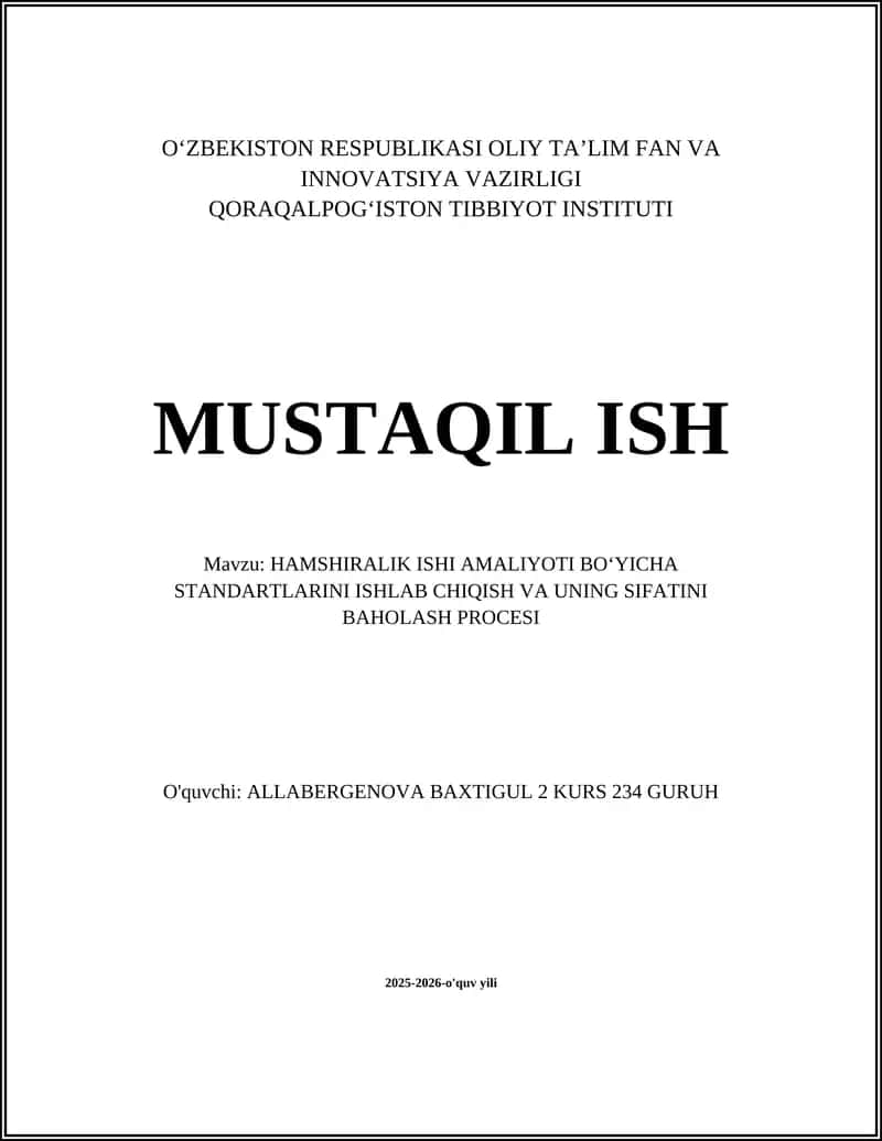 HAMSHIRALIK ISHI AMALIYOTI BOʻYICHA STANDARTLARINI ISHLAB CHIQISH VA UNING SIFATINI BAHOLASH PROCESI 1