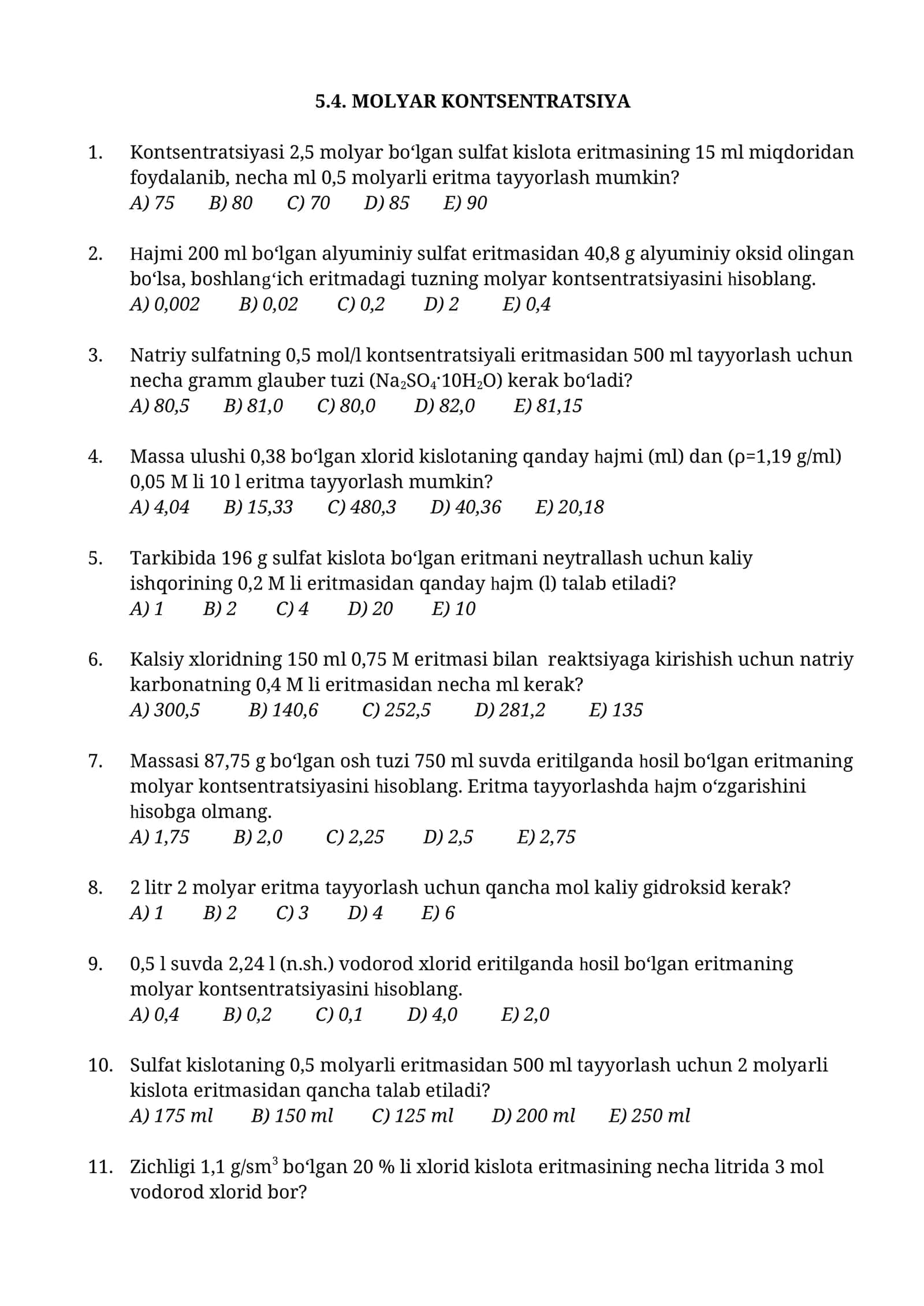 MOLYAR KONTSENTRATSIYAga oid masalalar 1