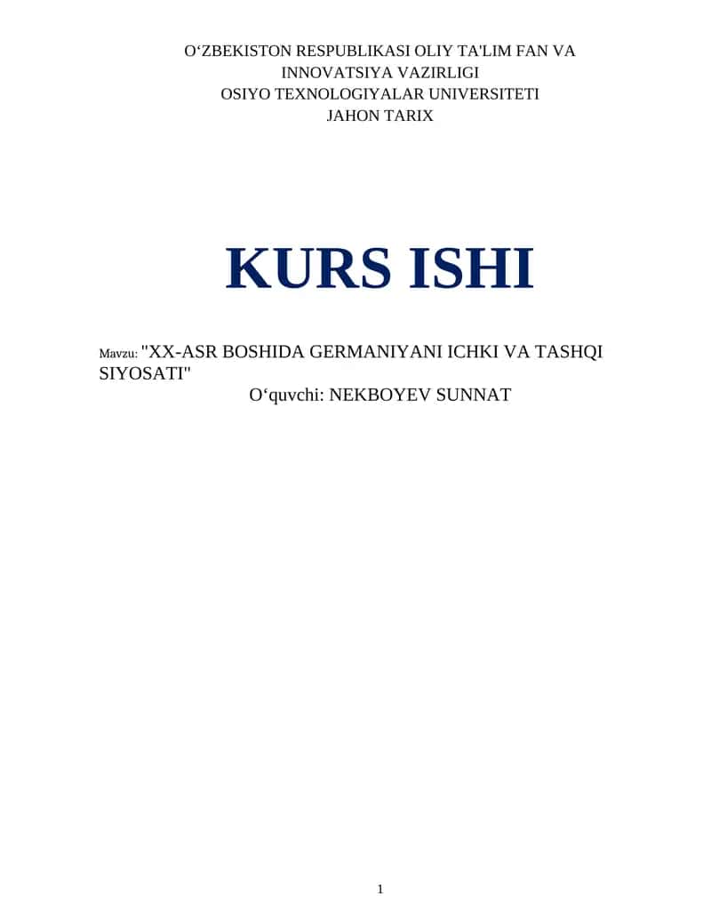 "XX-ASR BOSHIDA GERMANIYANI ICHKI VA TASHQI SIYOSATI" 1