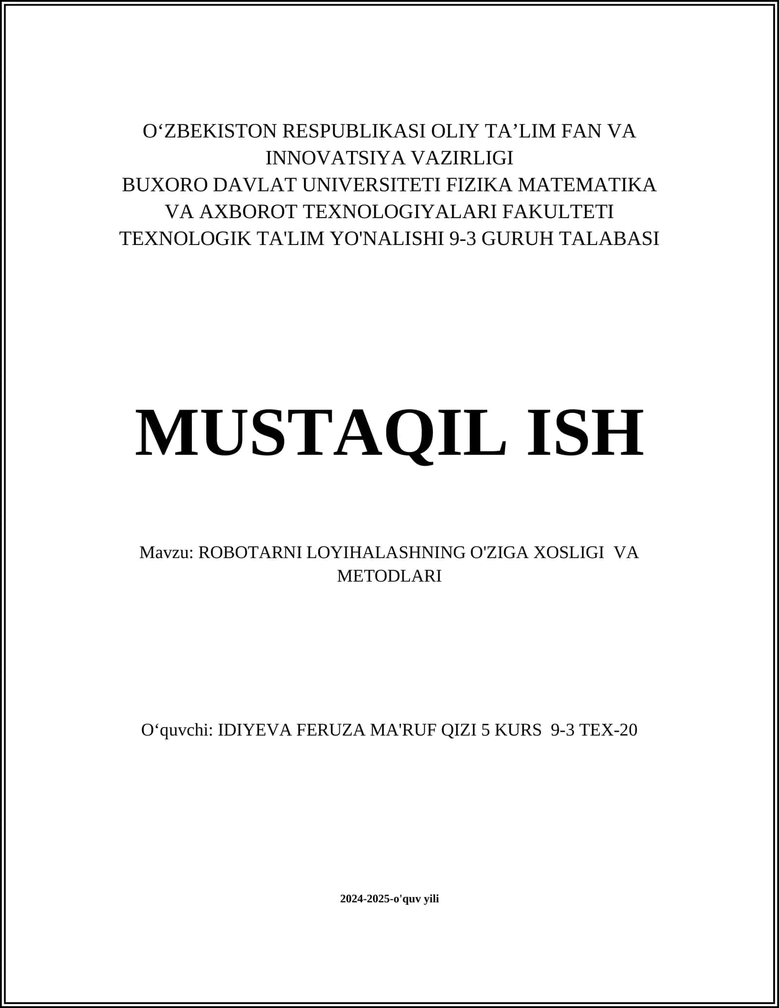 ROBOTARNI LOYIHALASHNING O'ZIGA XOSLIGI VA METODLARI 1