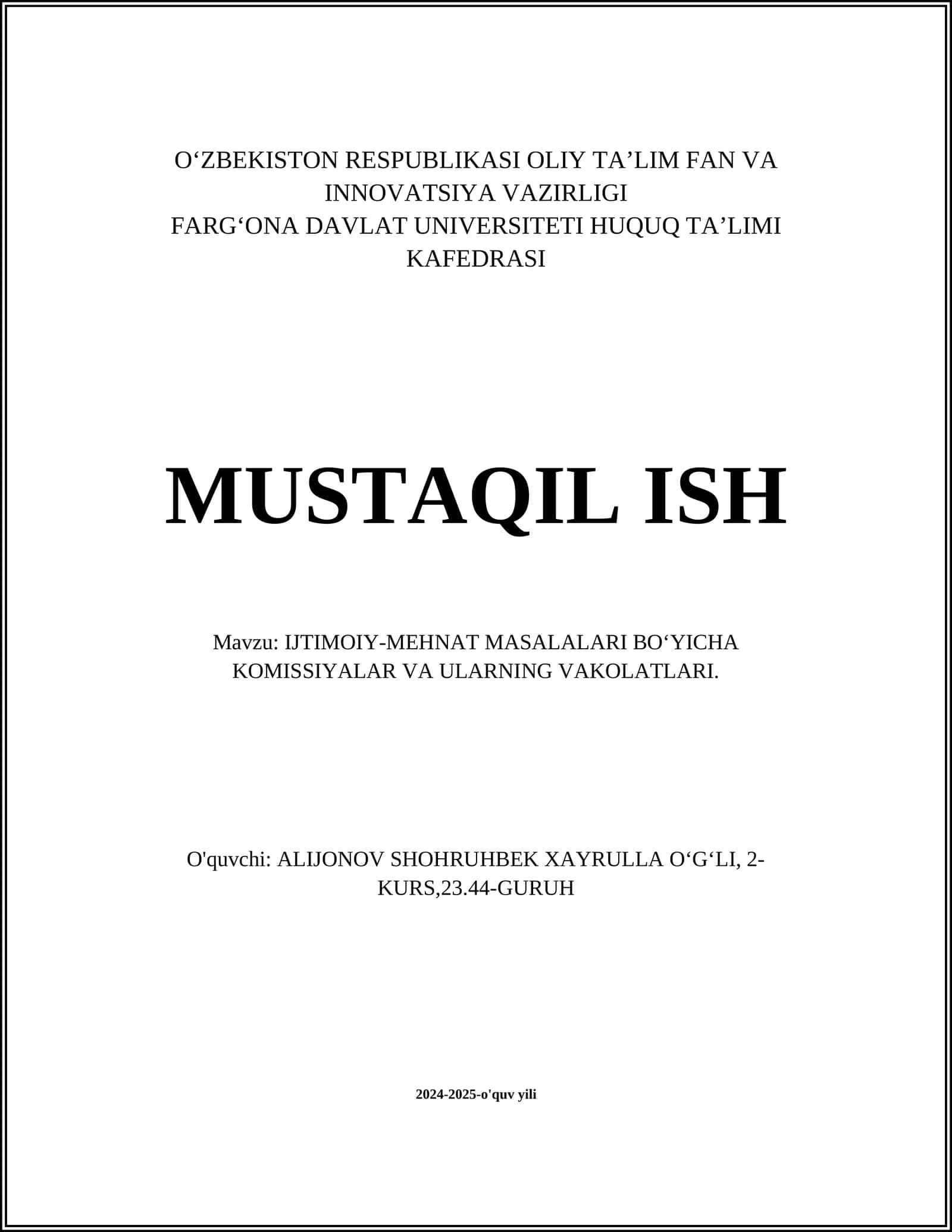 IJTIMOIY-MEHNAT MASALALARI BO'YICHA KOMISSIYALAR VA ULARNING VAKOLATLARI 1