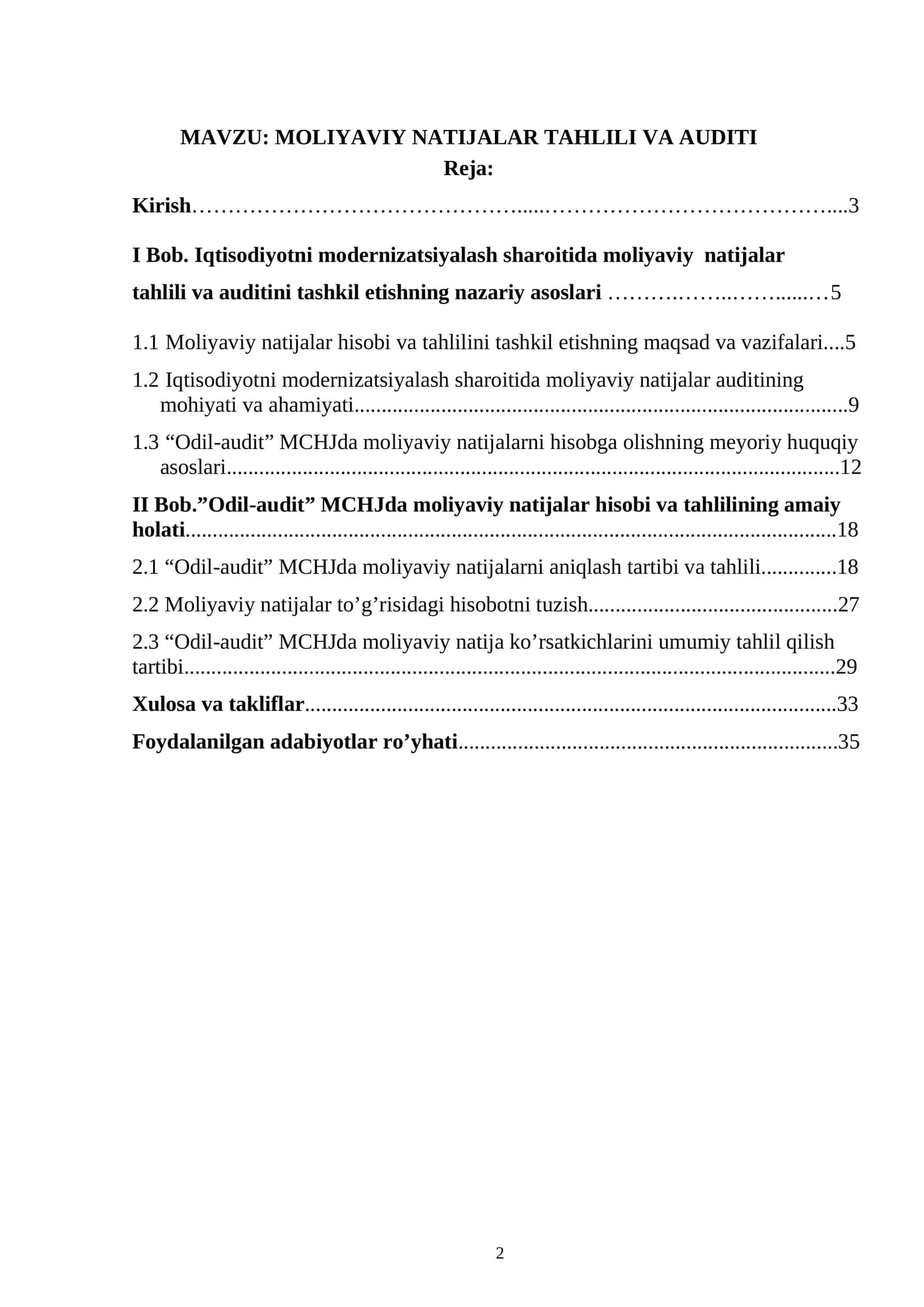 Moliyaviy natijalar tahlili va auditiю Audit fanidan kurs ishi 1