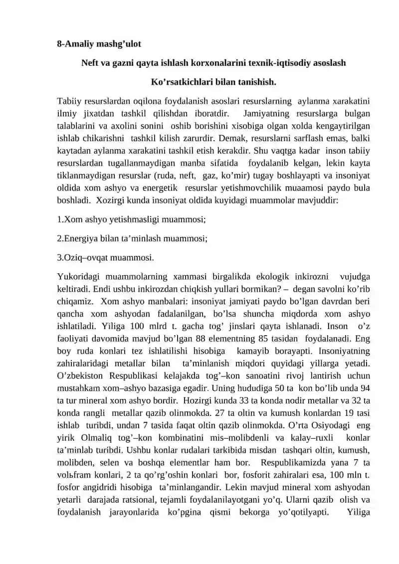 Neft va gazni qayta ishlash korxonalarini texnik-iqtisodiy asoslash 1