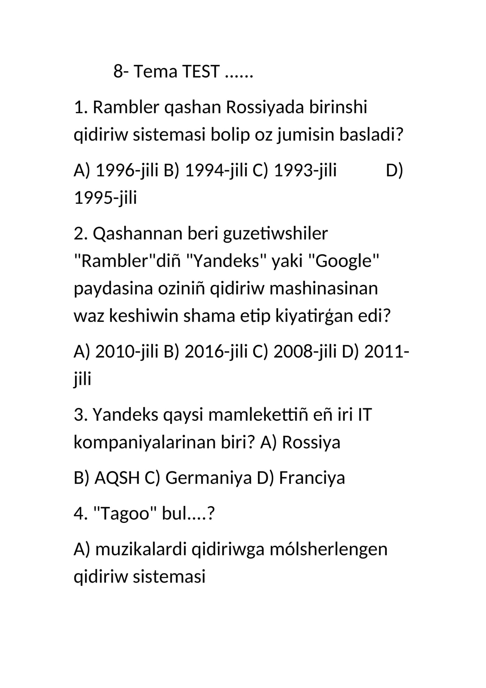 Rambler va Yandeks haqida tushuncha test 1