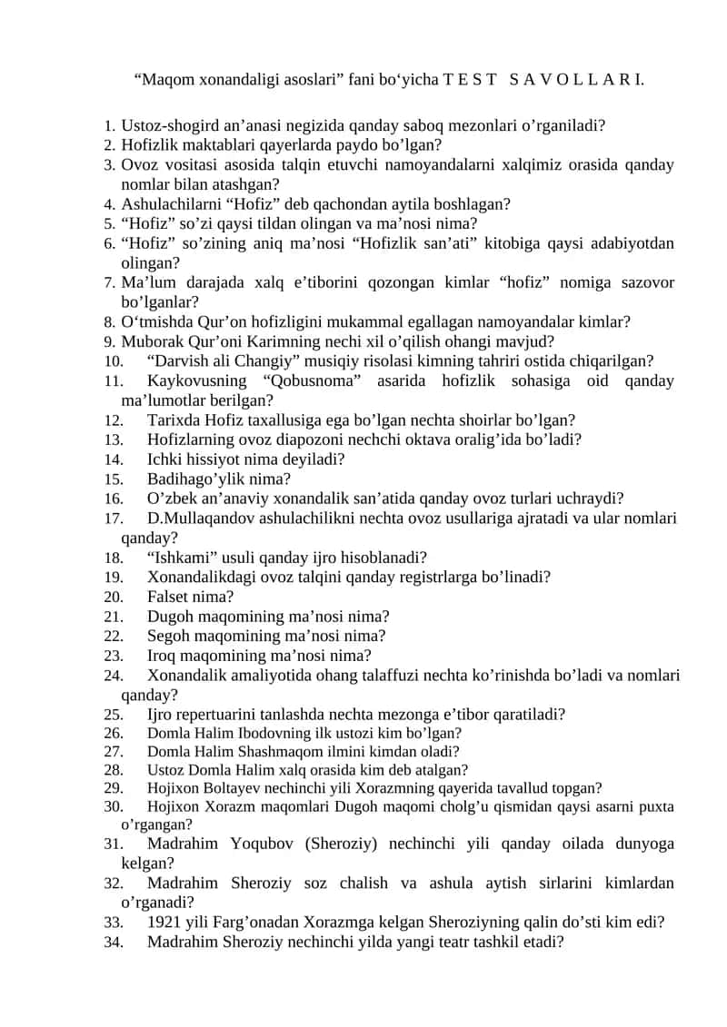 “Maqom xonandaligi asoslari” fani bo‘yicha T E S T S A V O L L A R I 1