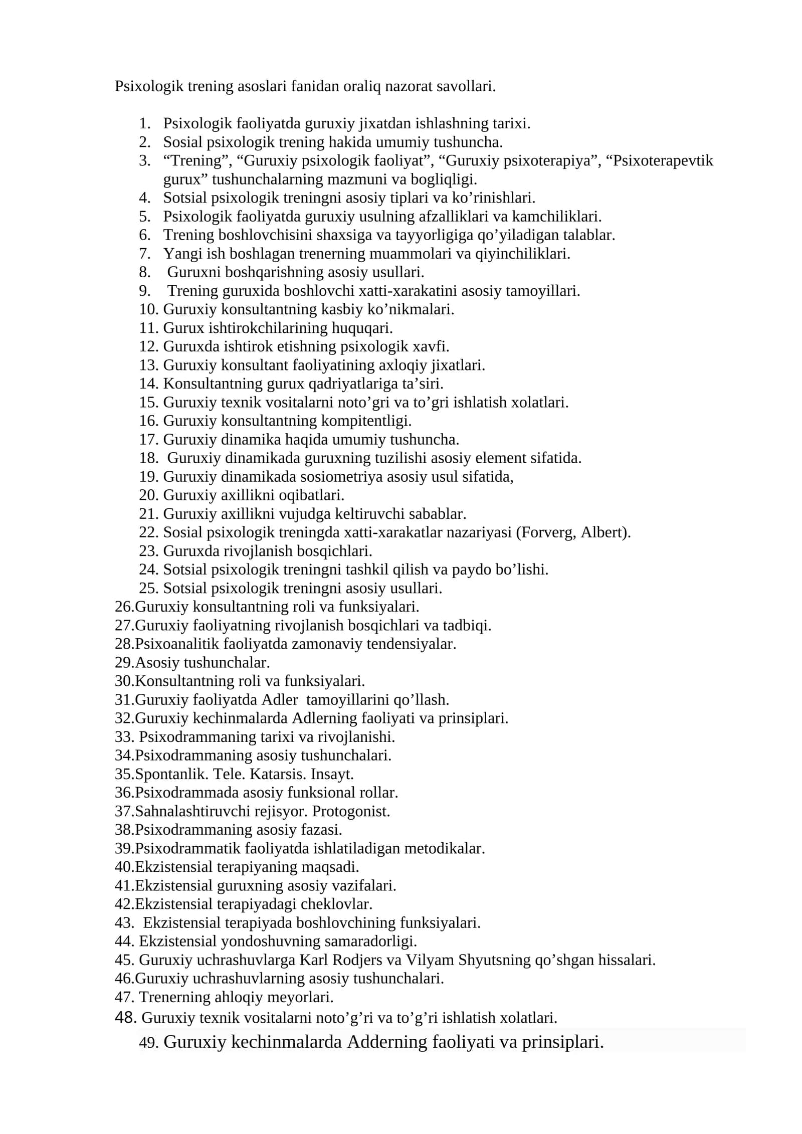 Psixologik trening asoslari fanidan oraliq nazorat savollari 1