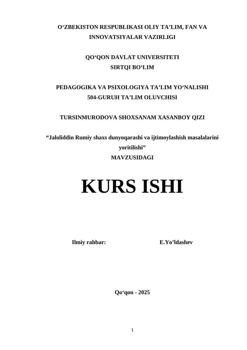 Jaloliddin Rumiy shaxs dunyoqarashi va ijtimoylashish masalalarini yoritilishi 1
