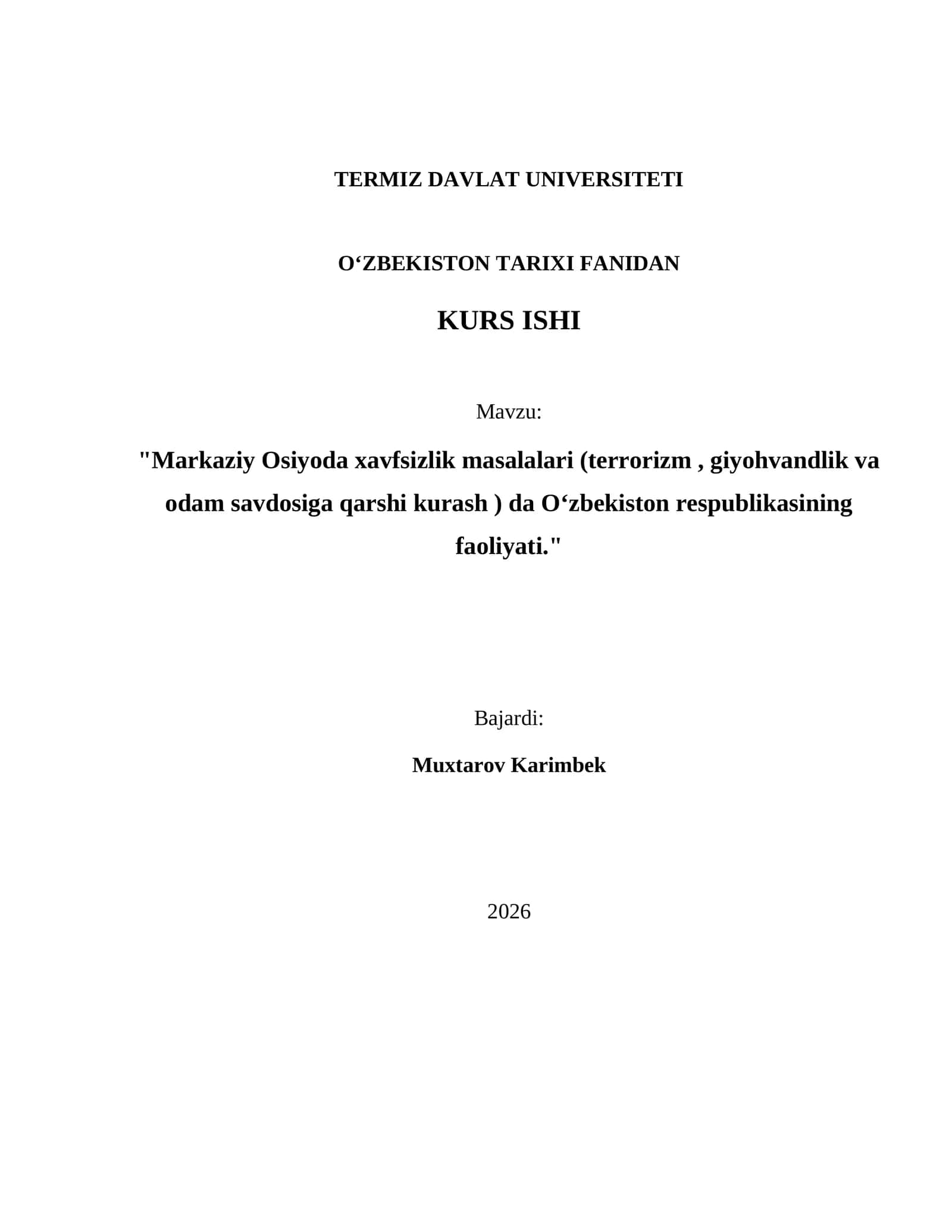 TERMIZ DAVLAT UNIVERSITETI OʻZBEKISTON TARIXI FANIDAN KURS ISHI 1