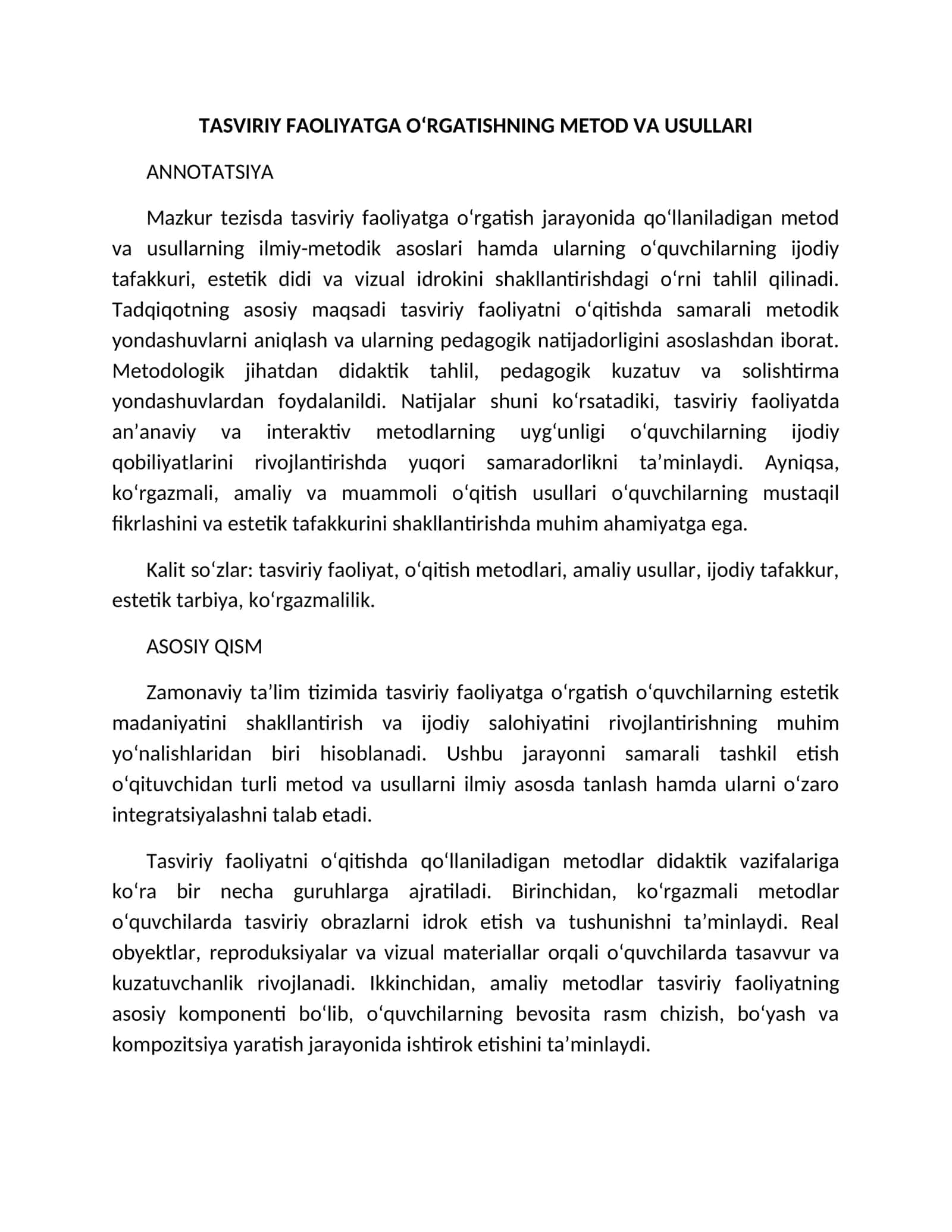 TASVIRIY FAOLIYATGA O‘RGATISHNING METOD VA USULLARI 1
