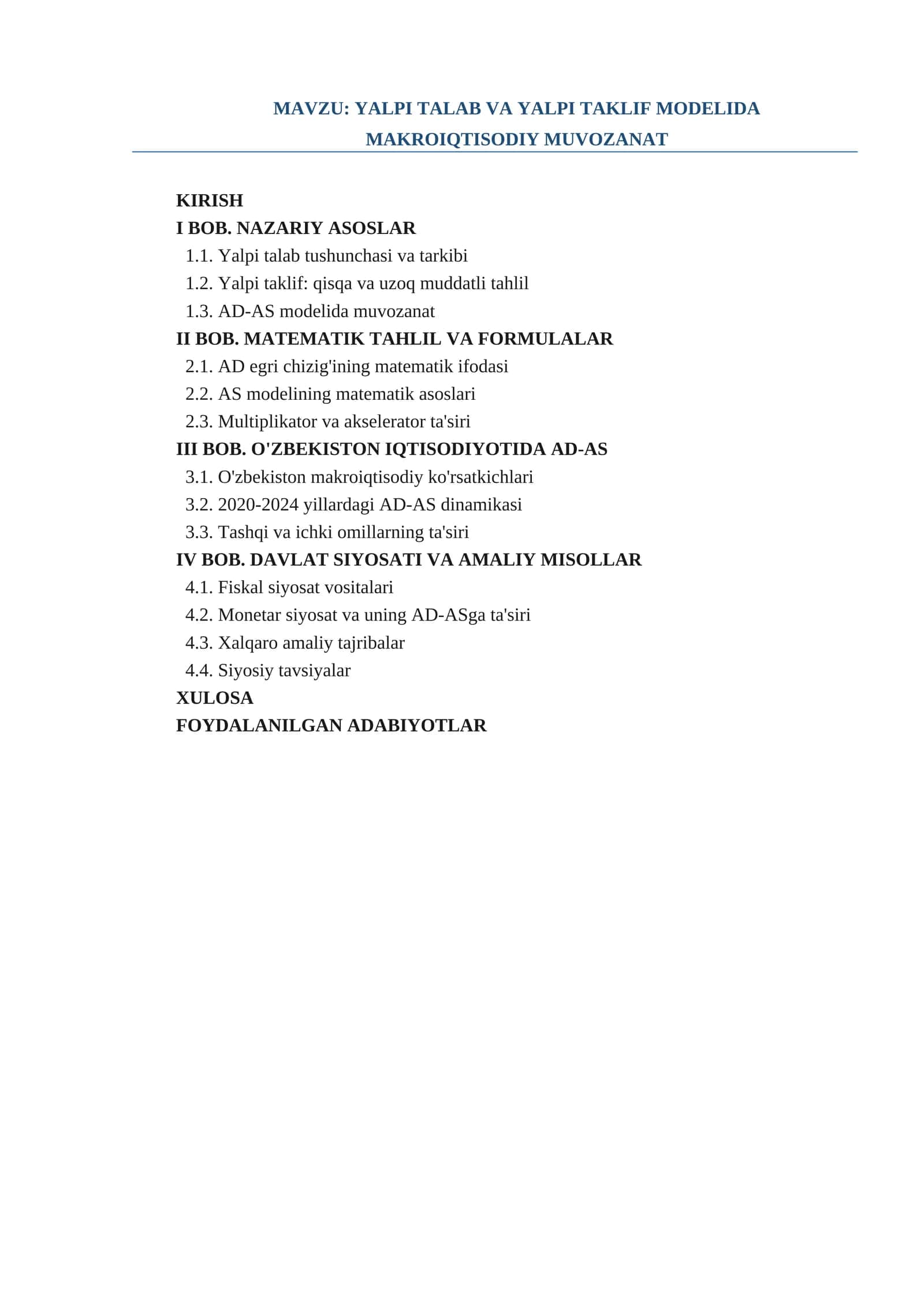 Yalpi talab yalpi taklif modelida makroiqtisodiy muvozanat 1