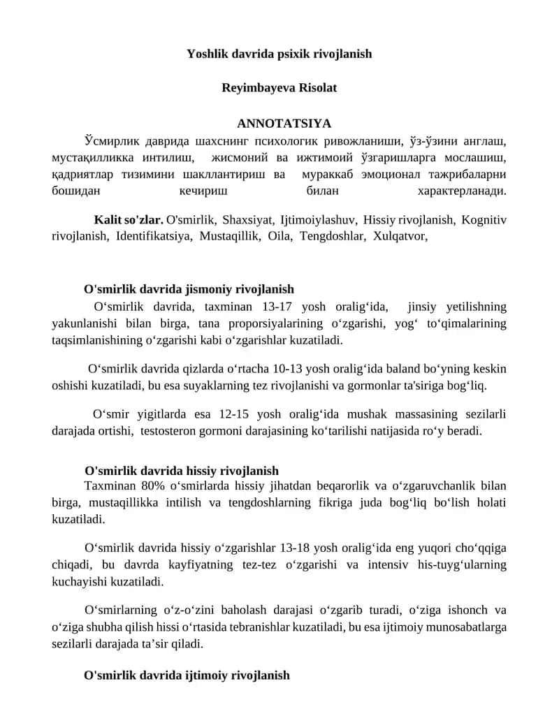Yoshlik davrida psixik rivojlanish 1