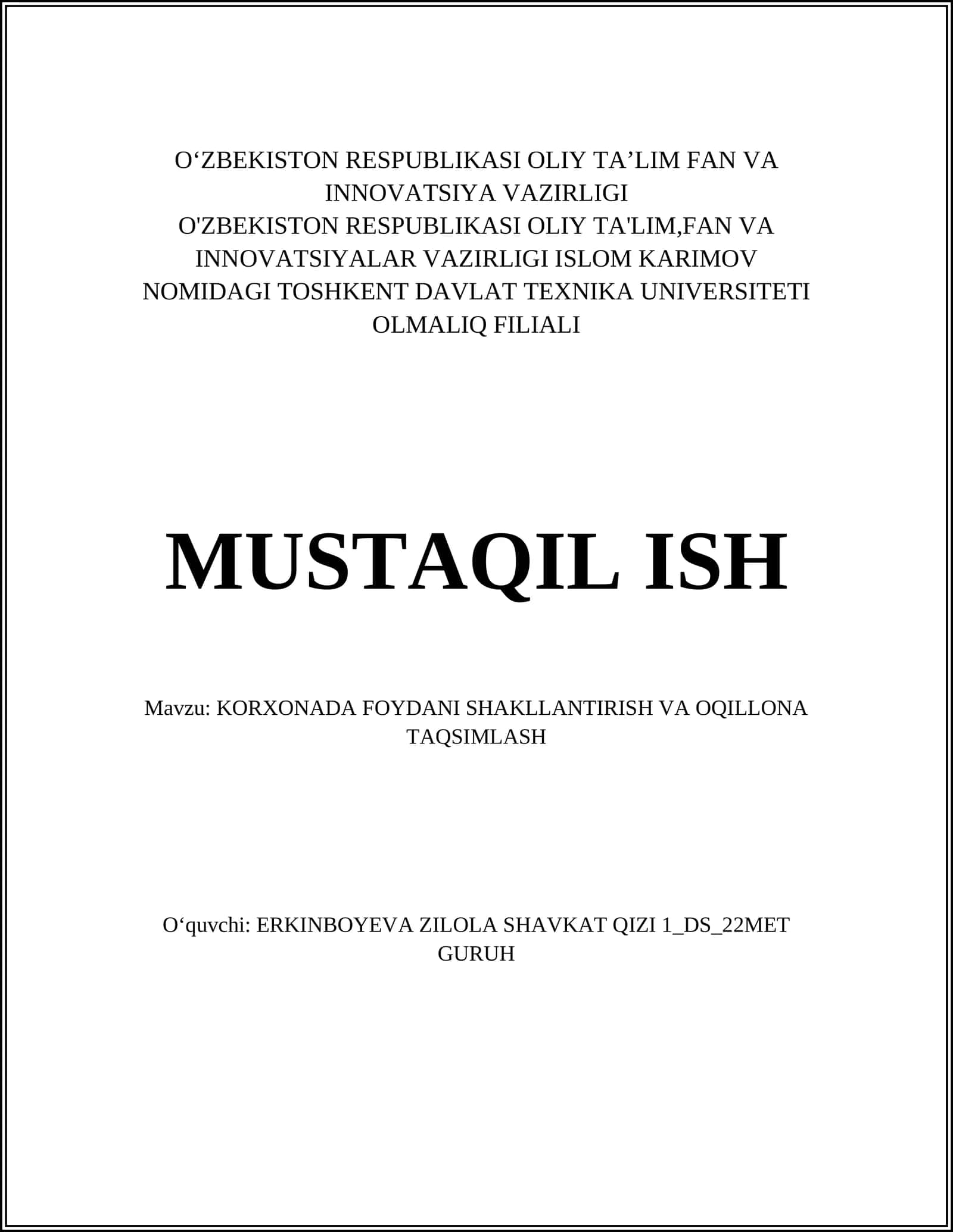 KORXONADA FOYDANI SHAKLLANTIRISH VA OQILLONA TAQSIMLASH 1