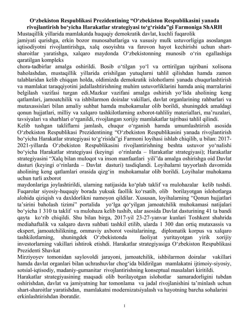 "O‘zbekiston Respublikasi yanada rivojlantirish bo‘yicha Harakatlar strategiyasi" 1