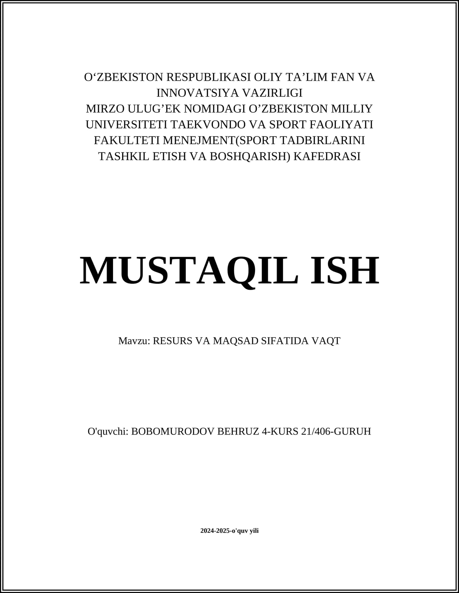 RESURS VA MAQSAD SIFATIDA VAQT 1