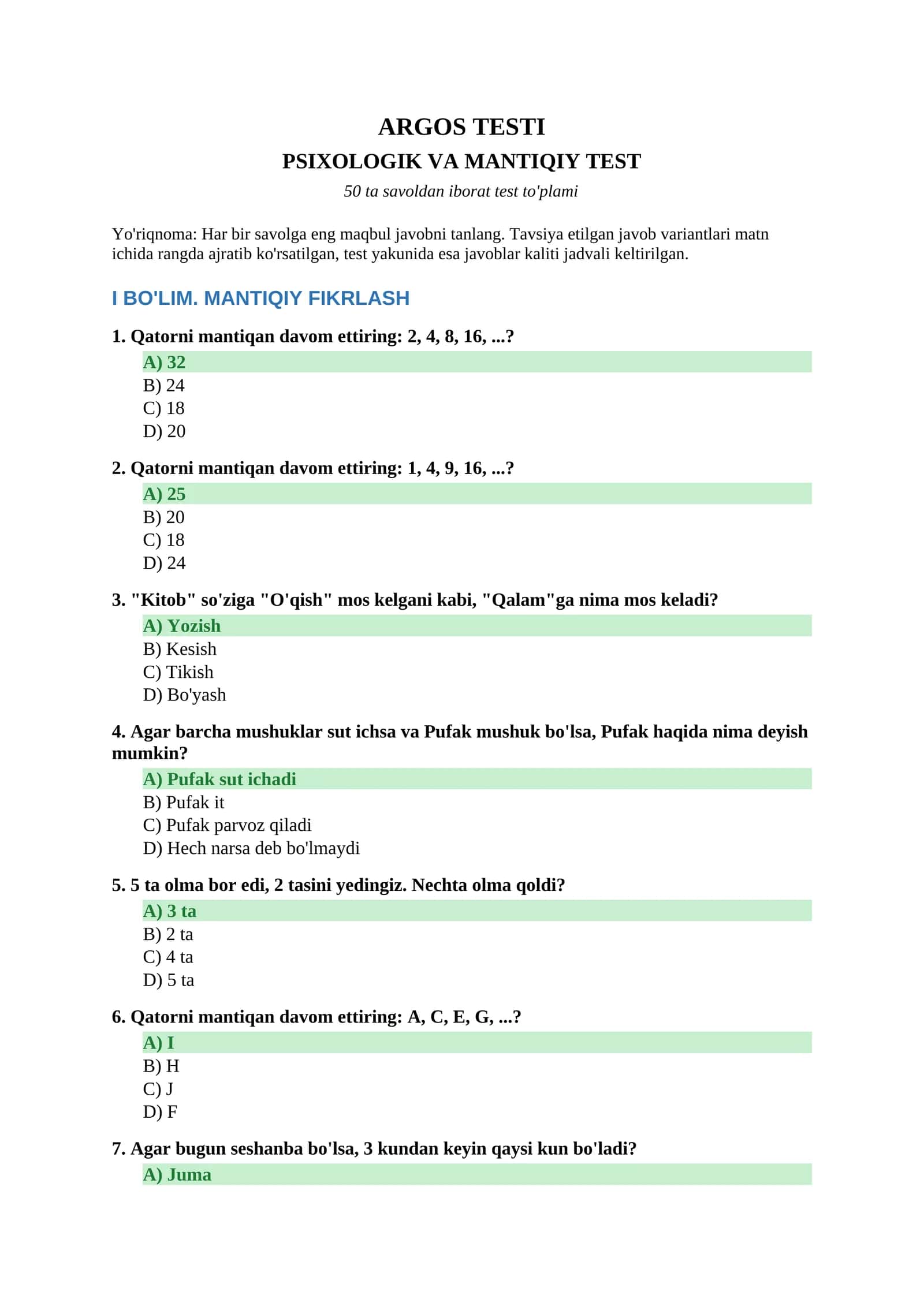 ARGOS test to'plami — Psixologik va Mantiqiy test (50 savol, javoblari bilan) 1