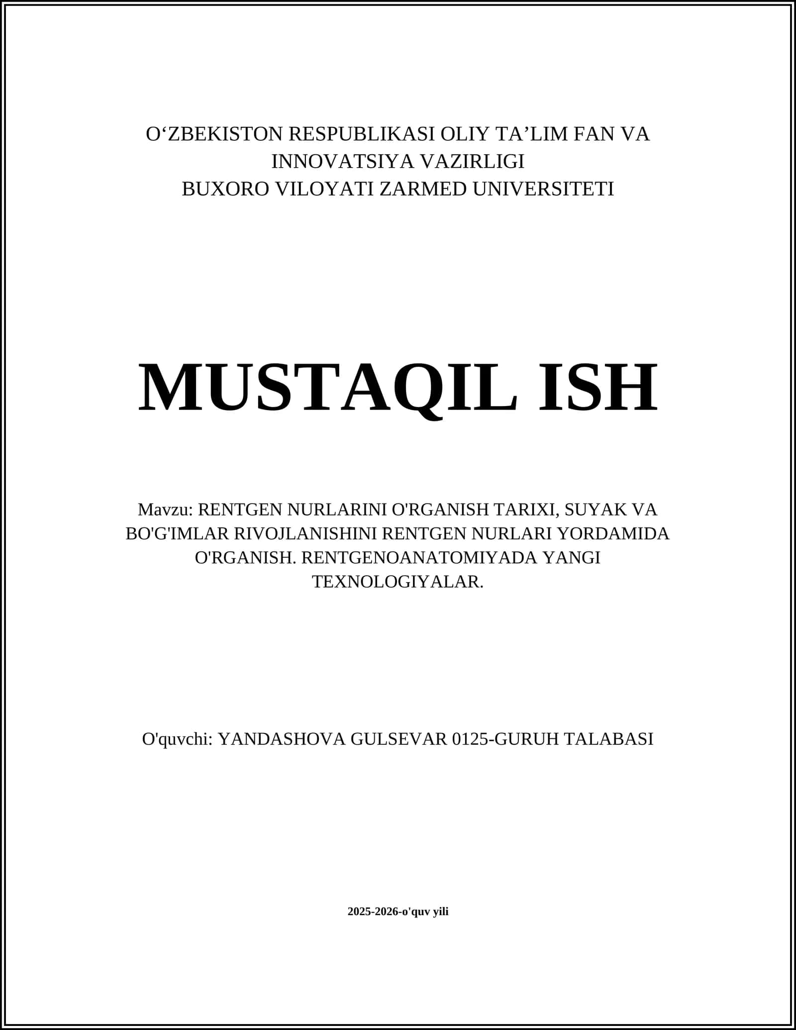 RENTGEN NURLARINI O'RGANISH TARIXI 1