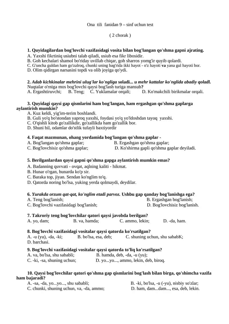 Ona tili fanidan 9 – sinf uchun test 1