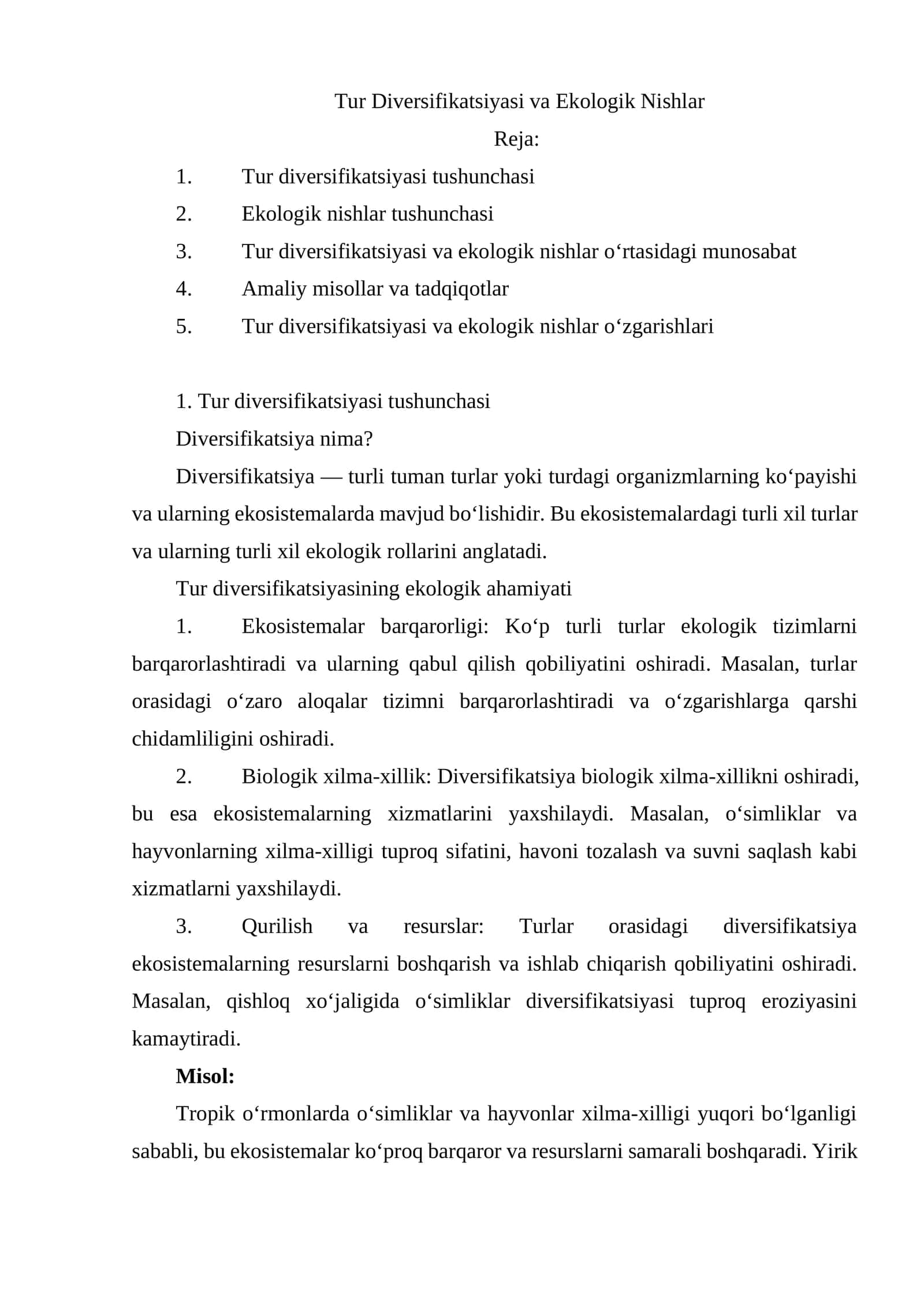 Tur Diversifikatsiyasi va Ekologik Nishlar 1