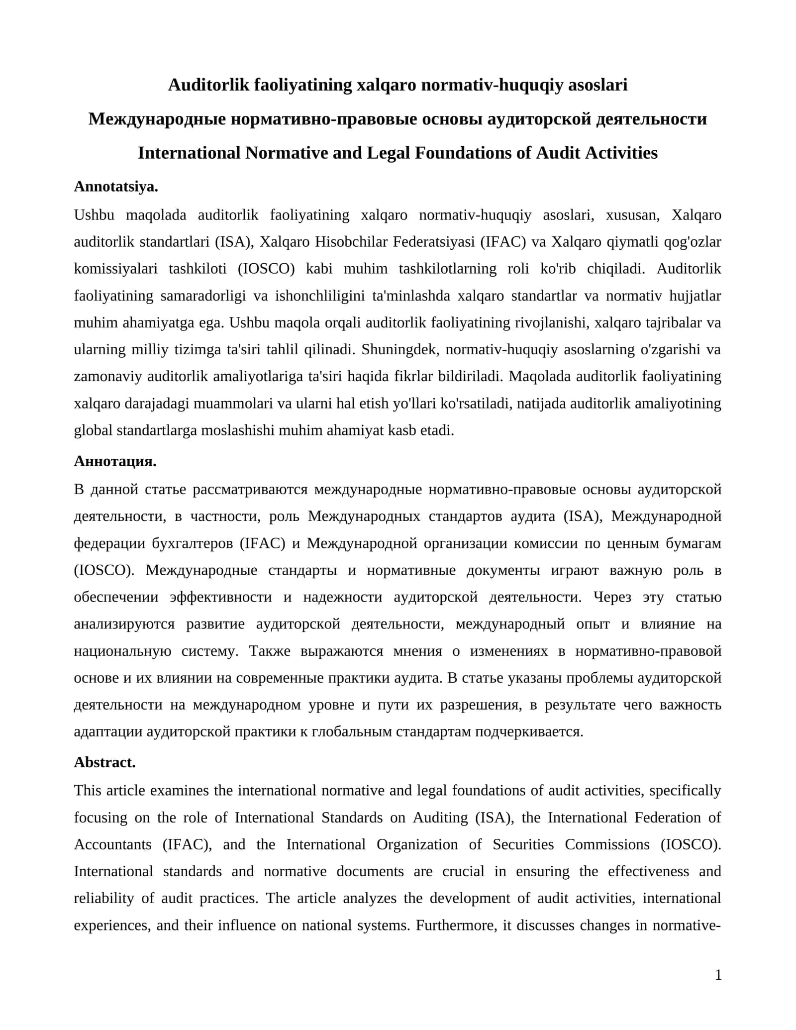Auditorlik faoliyatining xalqaro normativ-huquqiy asoslari 1