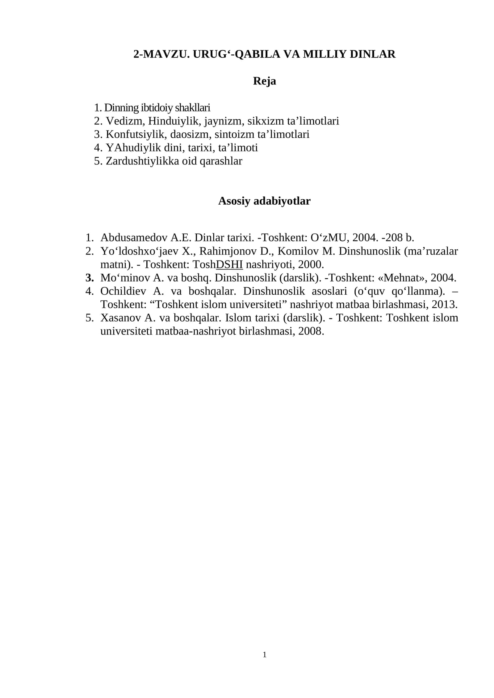 URUG‘-QABILA VA MILLIY DINLAR 1