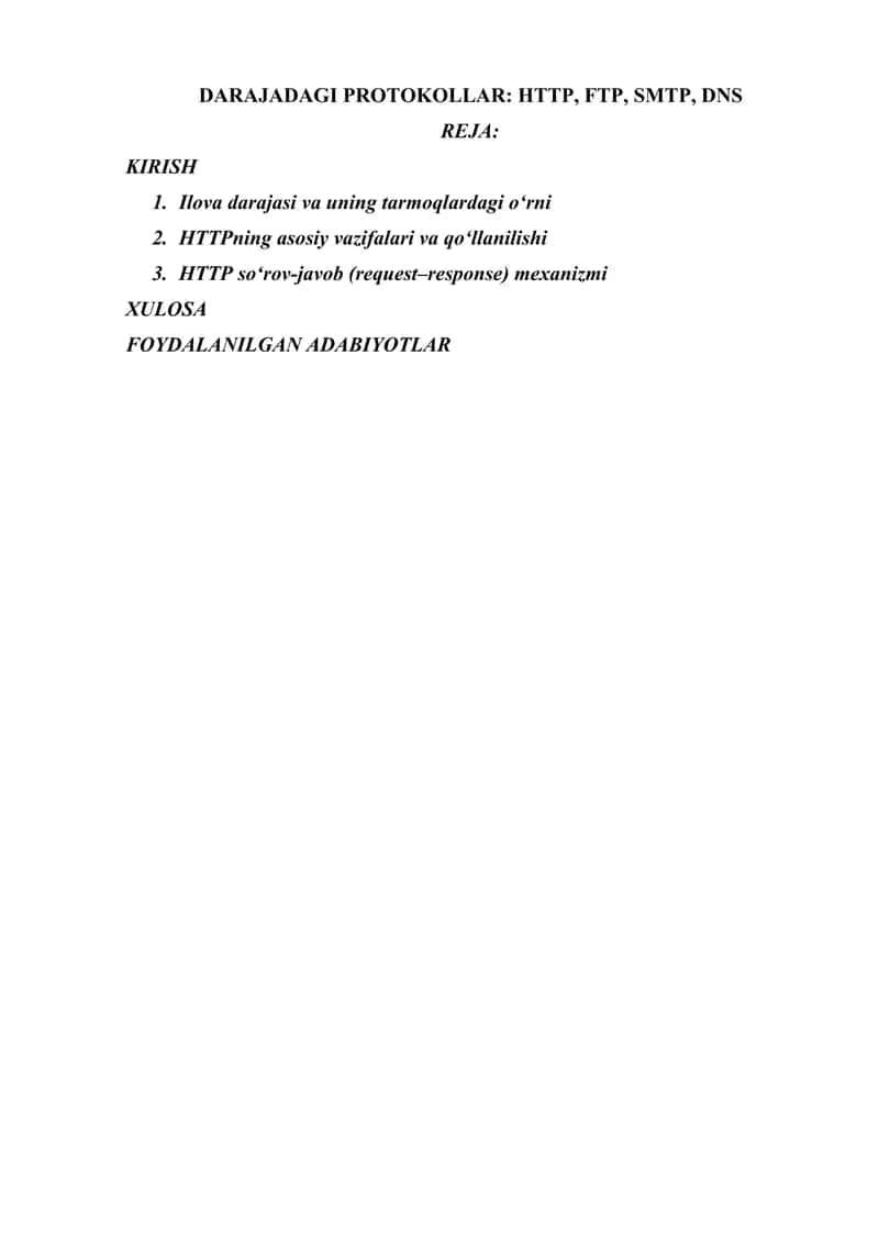 ILOVA DARAJADAGI PROTOKOLLAR: HTTP, FTP, SMTP, DNS 1