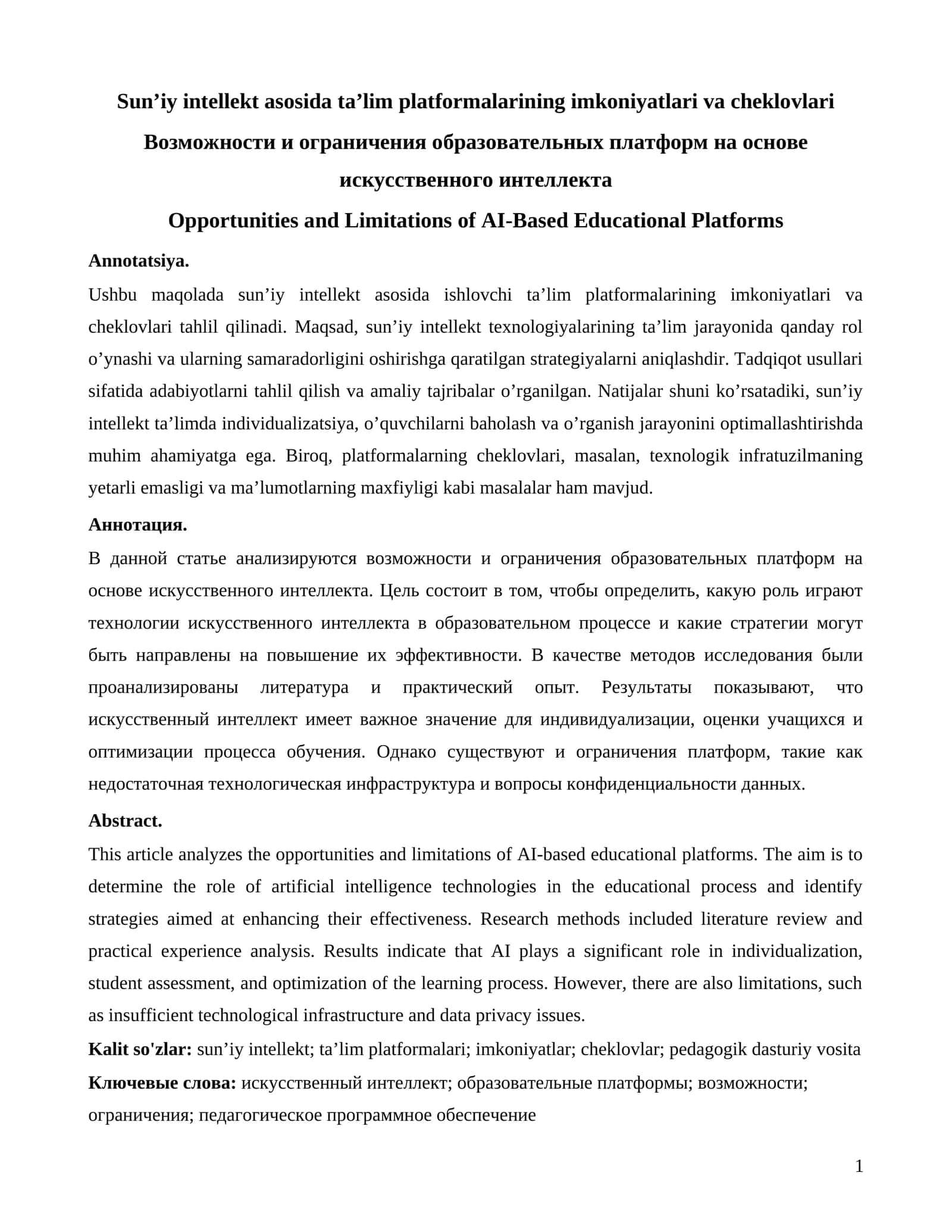 Sun’iy intellekt asosida ta’lim platformalarining imkoniyatlari va cheklovlari 1