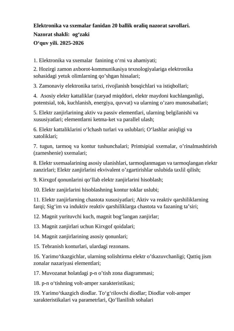Elektronika va sxemalar Fanidan 20 Ballik Oraliq nazorat Savollari 1