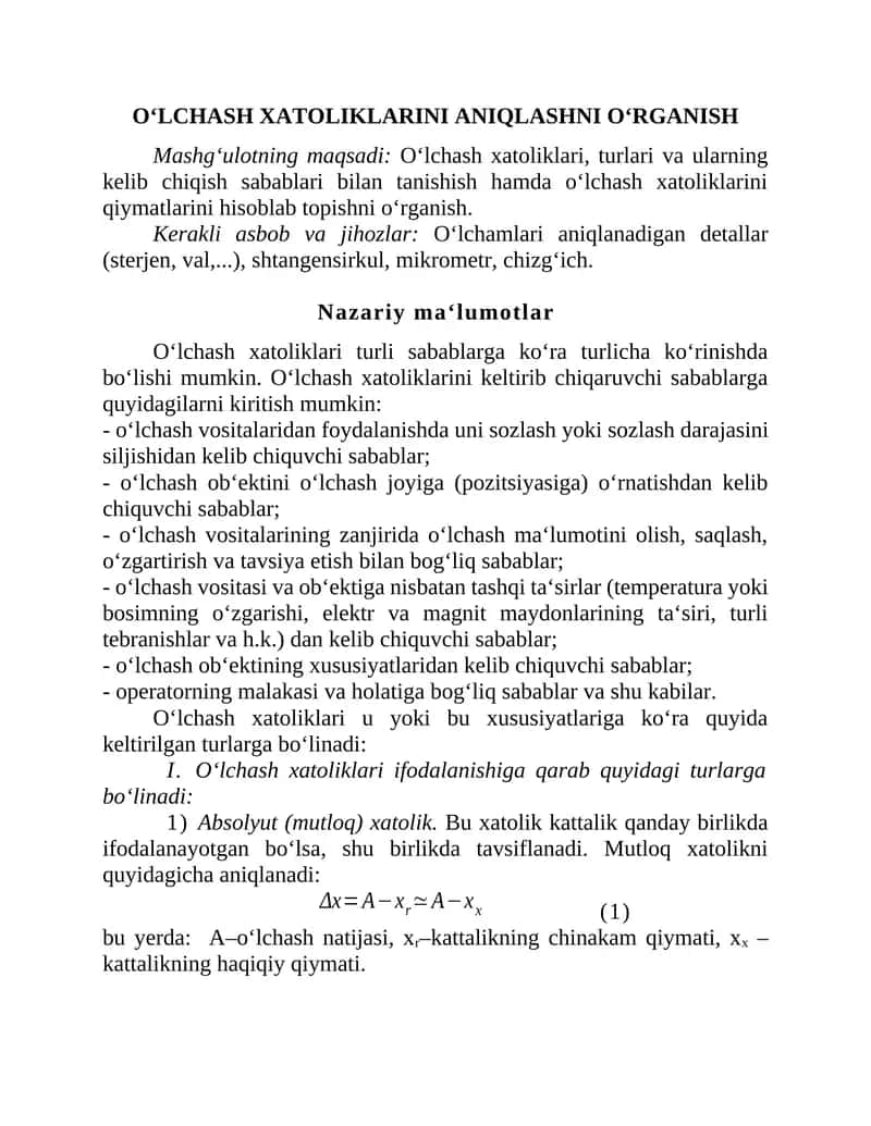 O‘lchash Xatoliklarini Aniqlashni O‘rganish 1