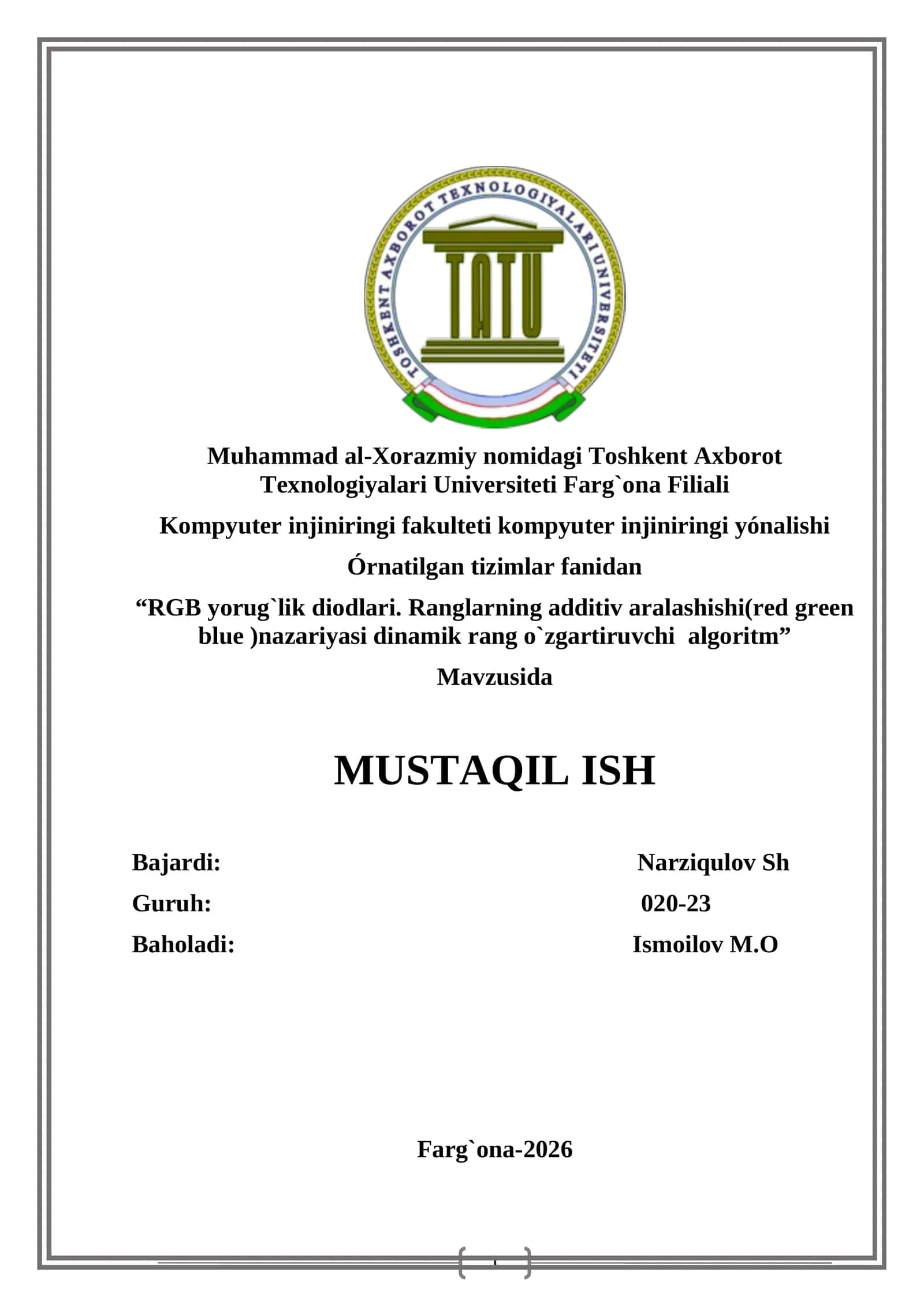 RGB yorug`lik diodlari. Ranglarning additiv aralashishi(red green blue )nazariyasi dinamik rang o`zgartiruvchi algoritm 1