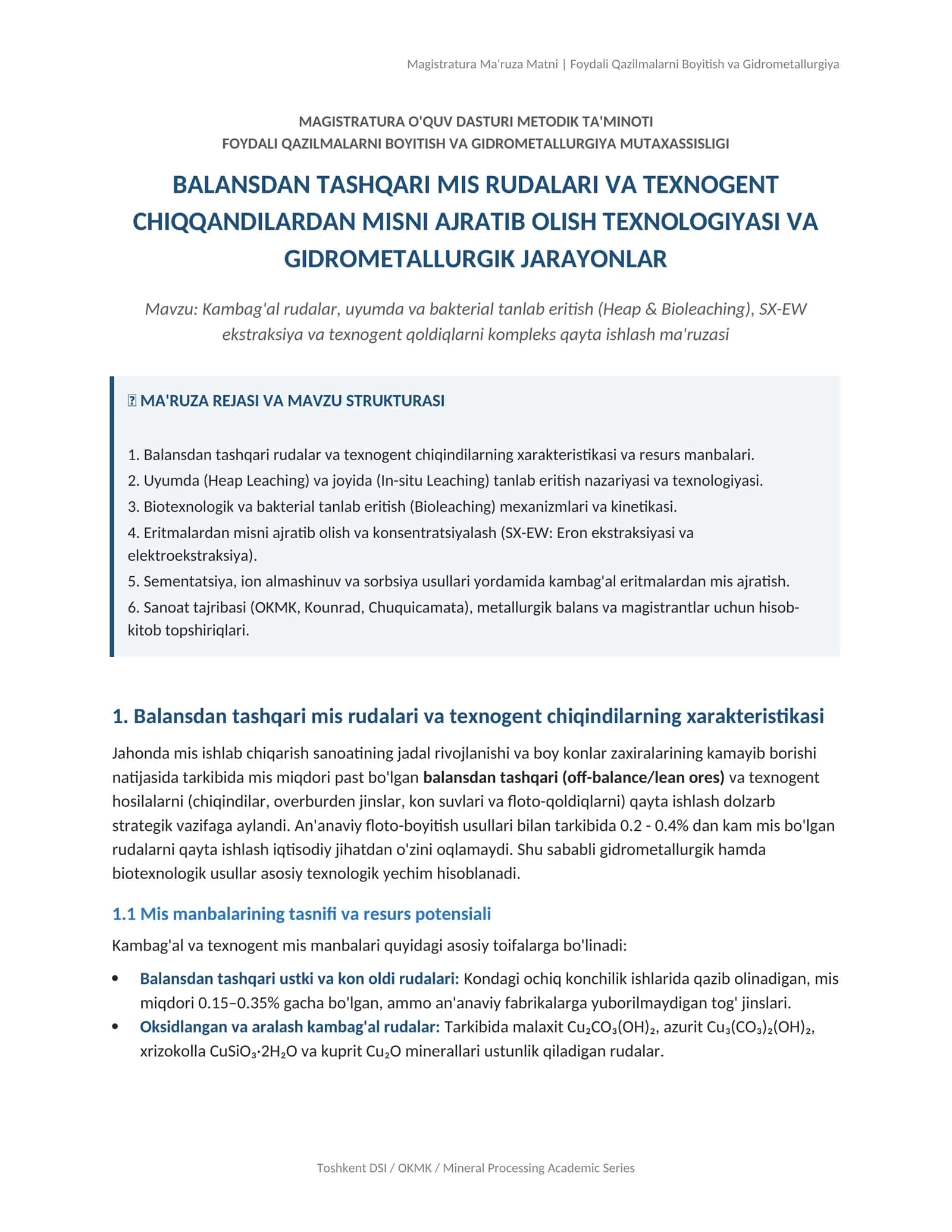 Magistratura Ma'ruza Matni | Foydali Qazilmalarni Boyitish va Gidrometallurgiya 1