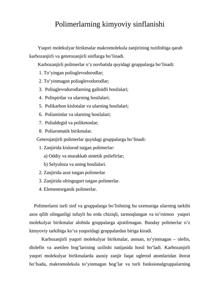 Polimerlarning kimyoviy sinflanishi 1