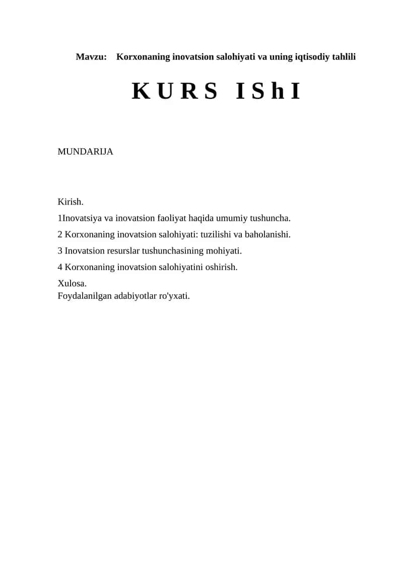 Korxonaning inovatsion salohiyati va uning iqtisodiy tahlili 1