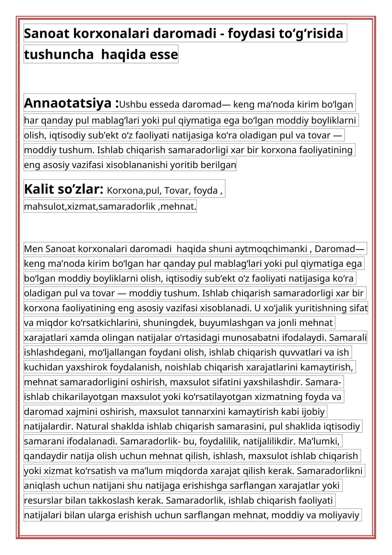 Sanoat korxonalari daromadi - foydasi to‘g‘risida tushuncha haqida esse 1