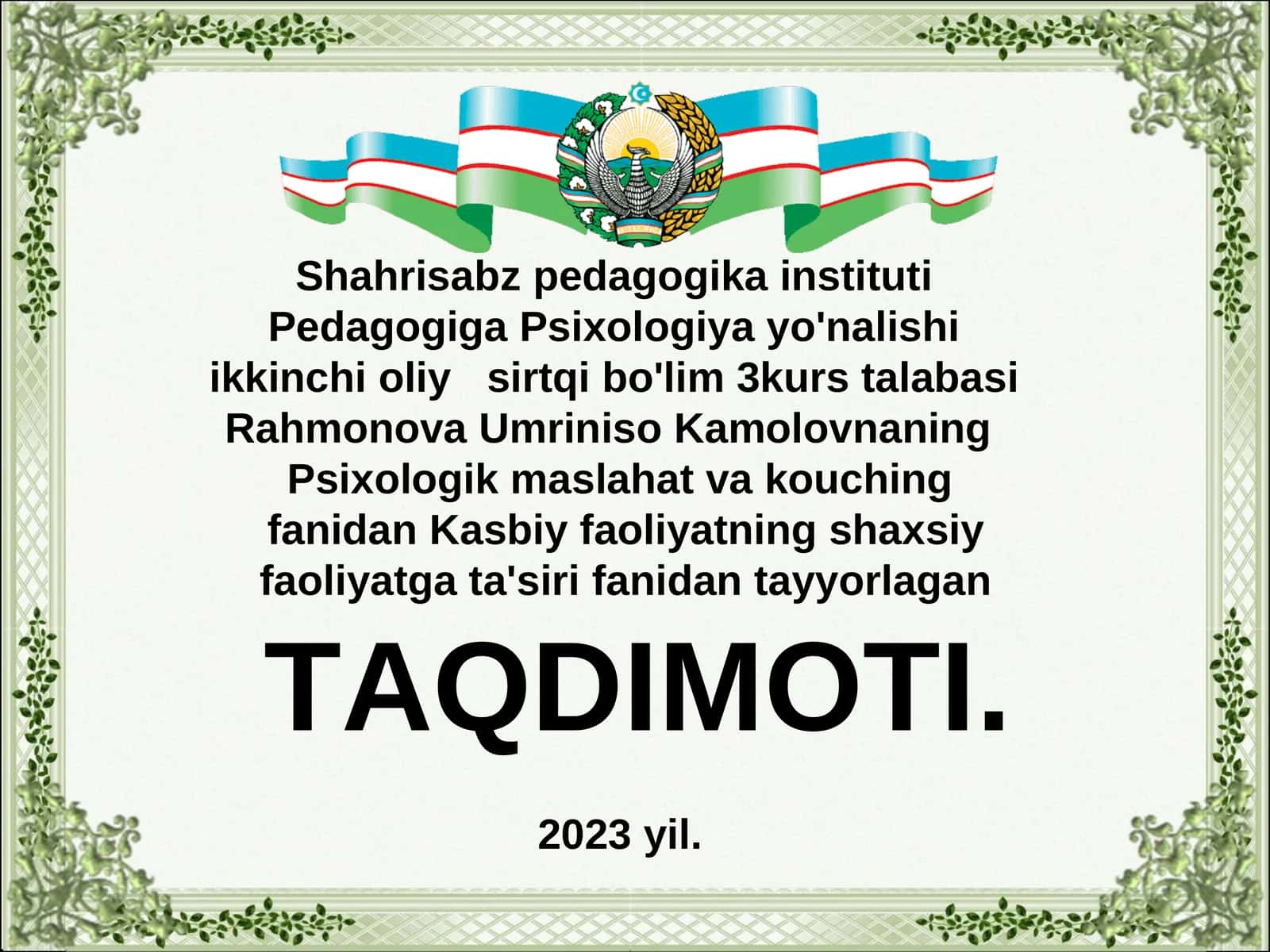 Rahmonova Umriniso Kamolovnaning Psixologik Maslahat va Kouching Taqdimoti 1